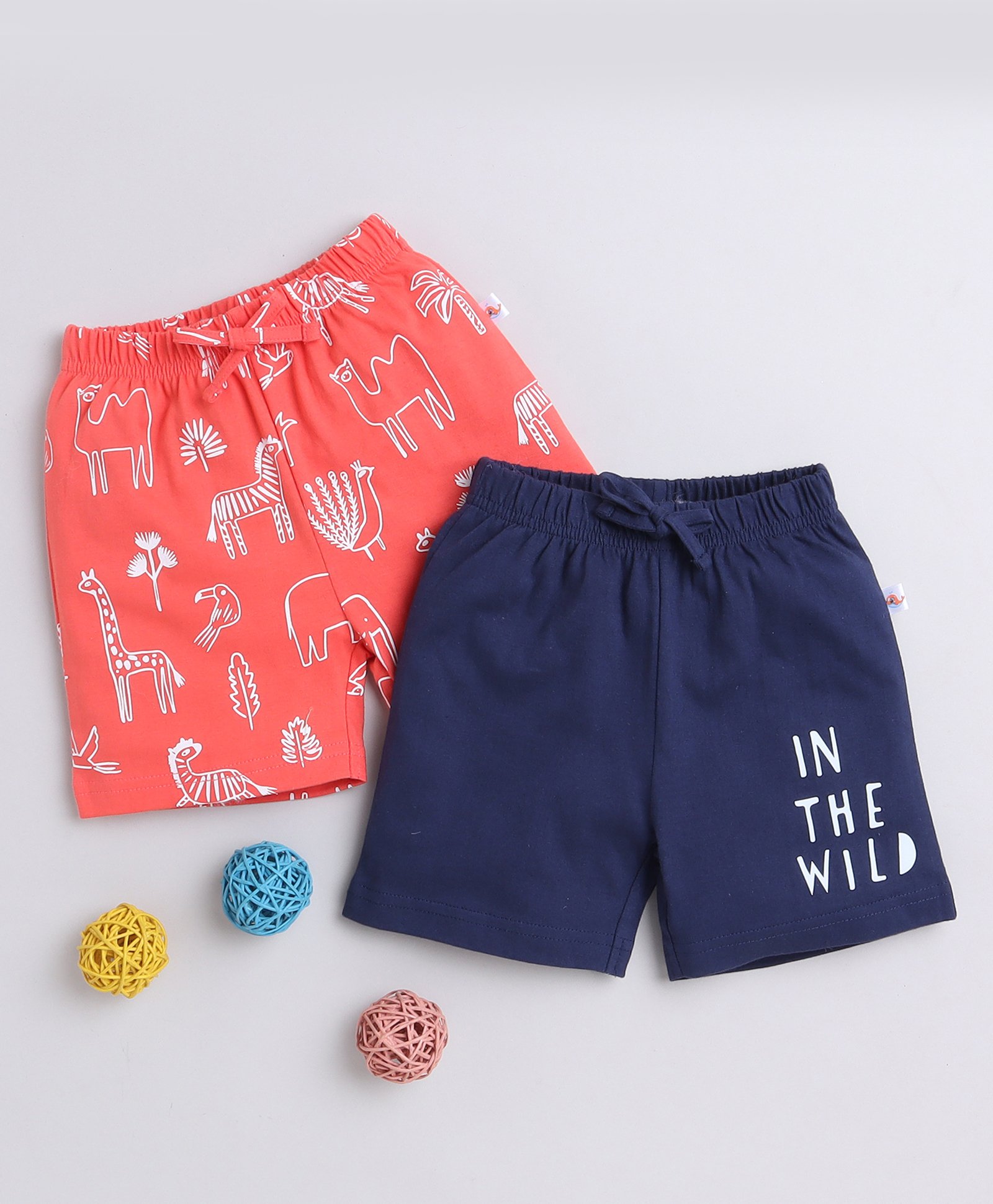BUMZEE Cotton Woven Above Knee Length Shorts with Jungle Theme Print Pack of 2 - Navy Blue & Coral-picture-11