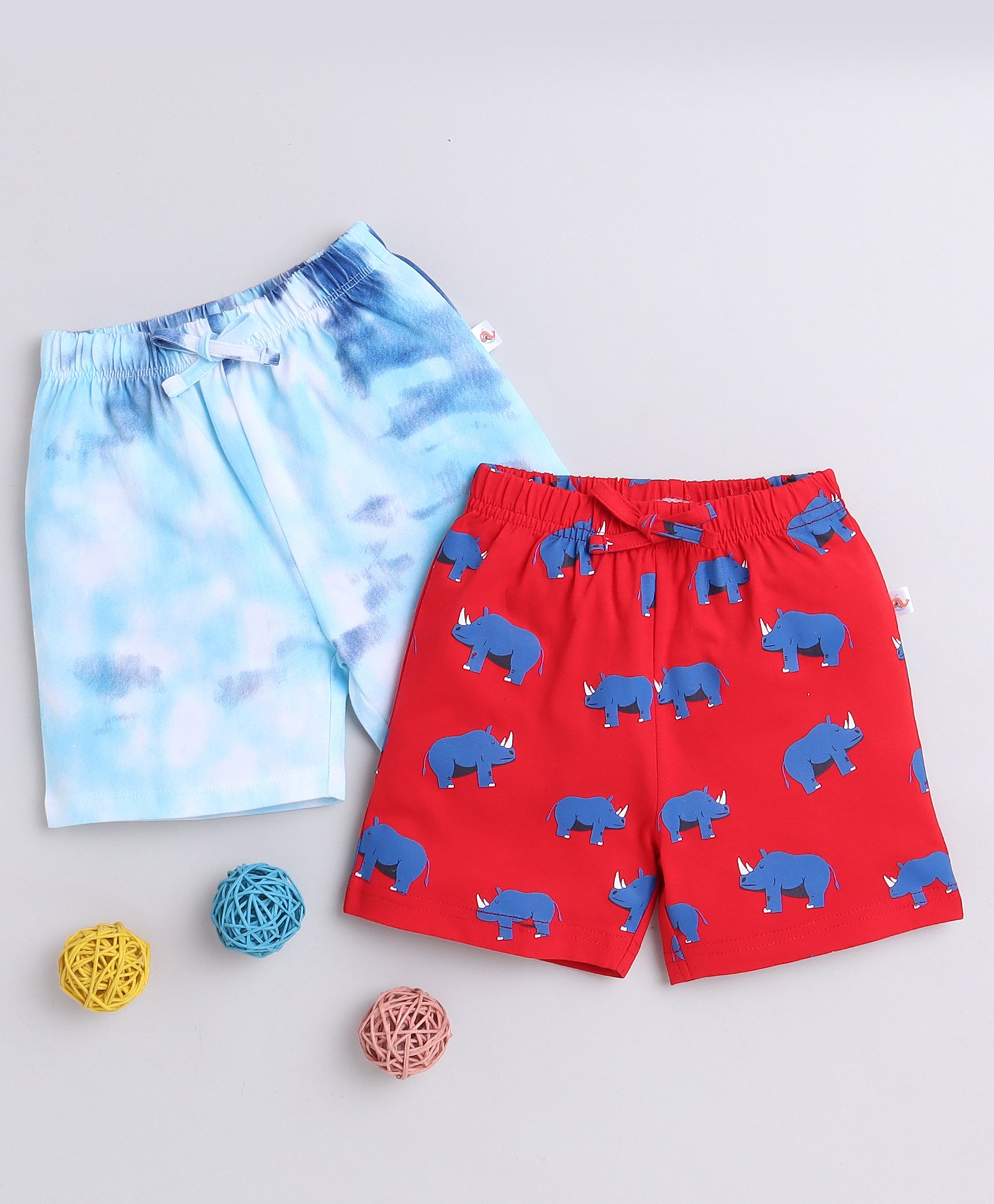 BUMZEE Cotton Woven Above Knee Length Tie & Dye Shorts with Rhino Print Pack of 2 - Light Blue & Red-picture-23