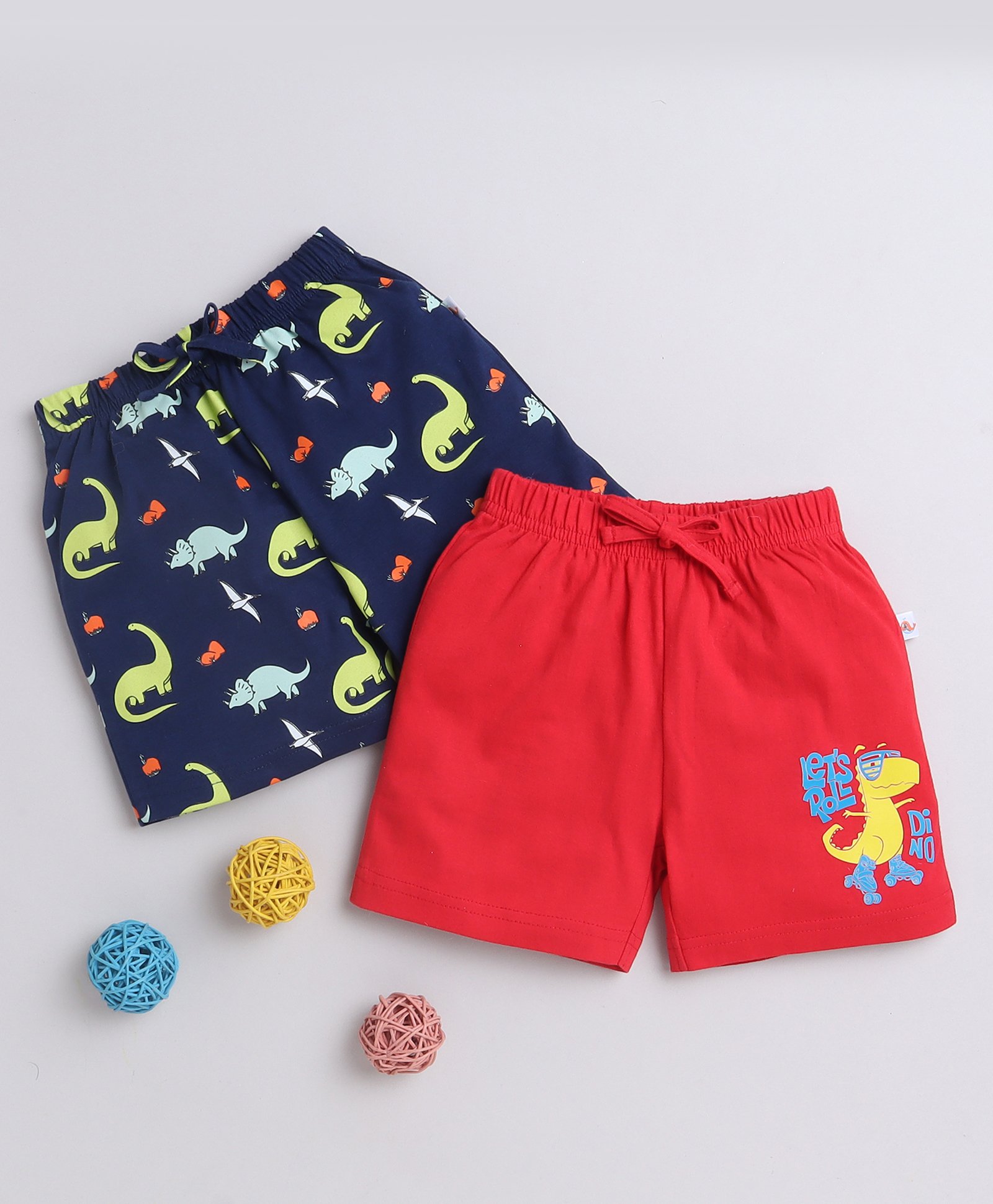 BUMZEE Cotton Woven Above Knee Length Shorts with Dino Print Pack of 2 - Navy Blue & Red-picture-24