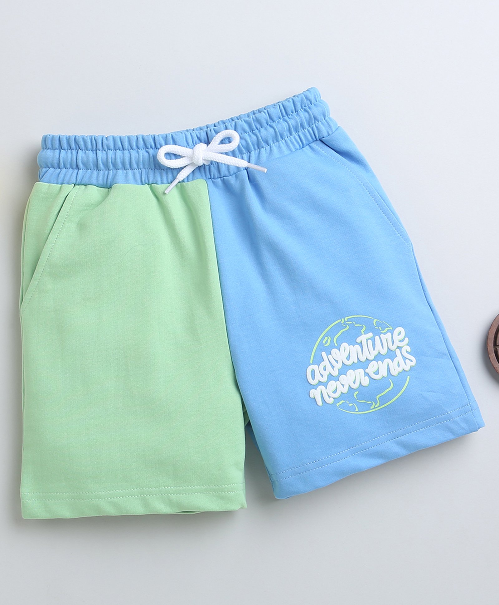 BUMZEE Cotton Woven Above Knee Length Color Block Shorts with Text Print - Light Blue & Green-image-2