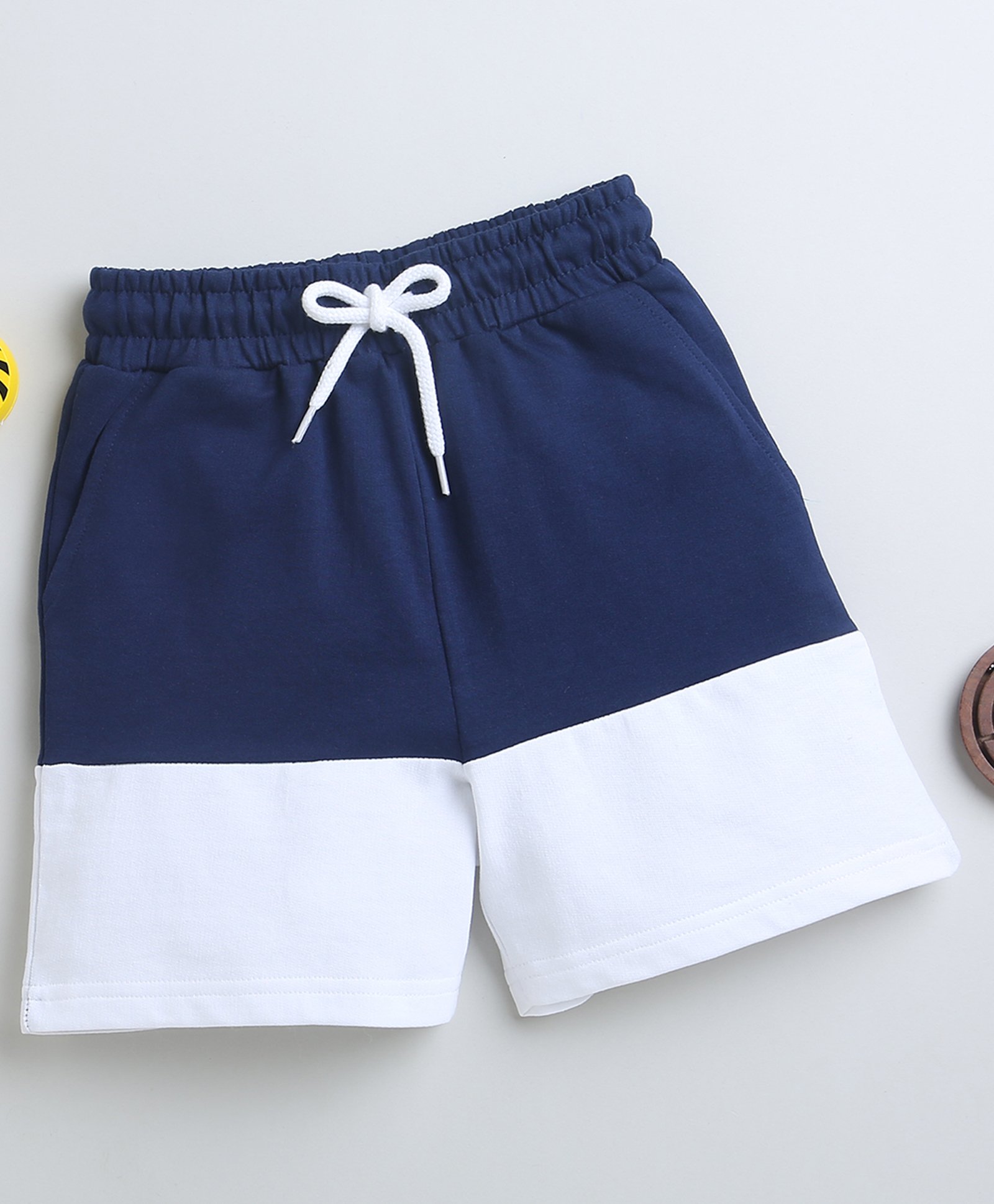 BUMZEE Cotton Woven Above Knee Length Color Block Solid Color Cut & Sew Shorts - Navy Blue & White-picture-14