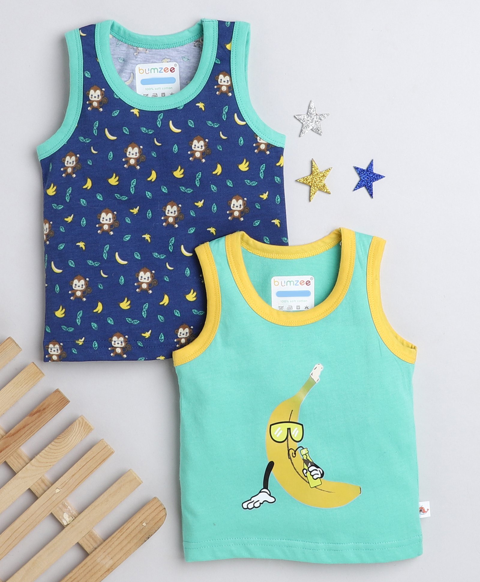 BUMZEE Cotton Knit Sleeveless Vests With Monkey & Banana Print Pack Of 2 - Blue & Light Green-picture-41