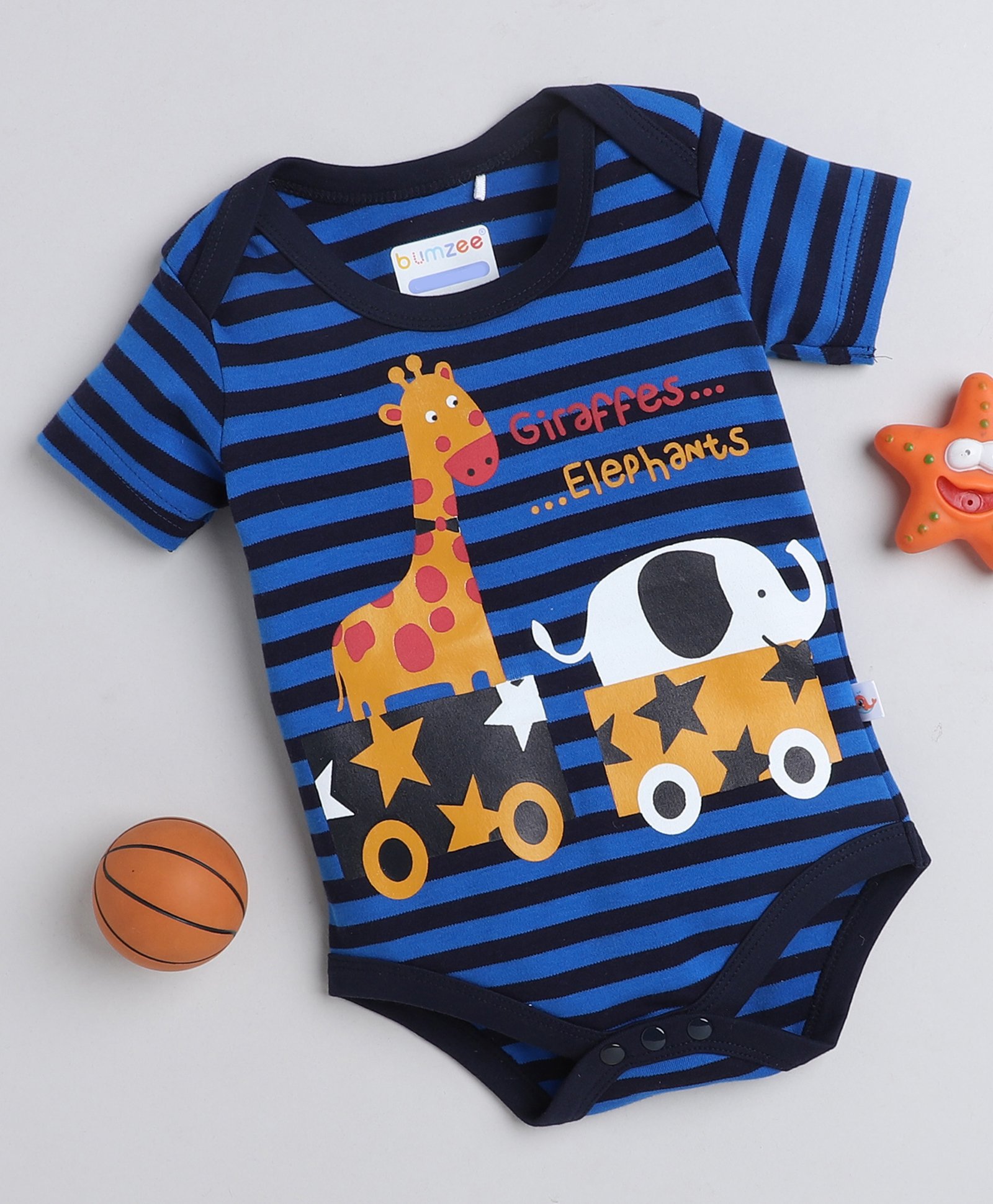 BUMZEE Interlock Knit Half Sleeves Giraffe & Elephant Printed Onesie with Stripes - Blue-image-8