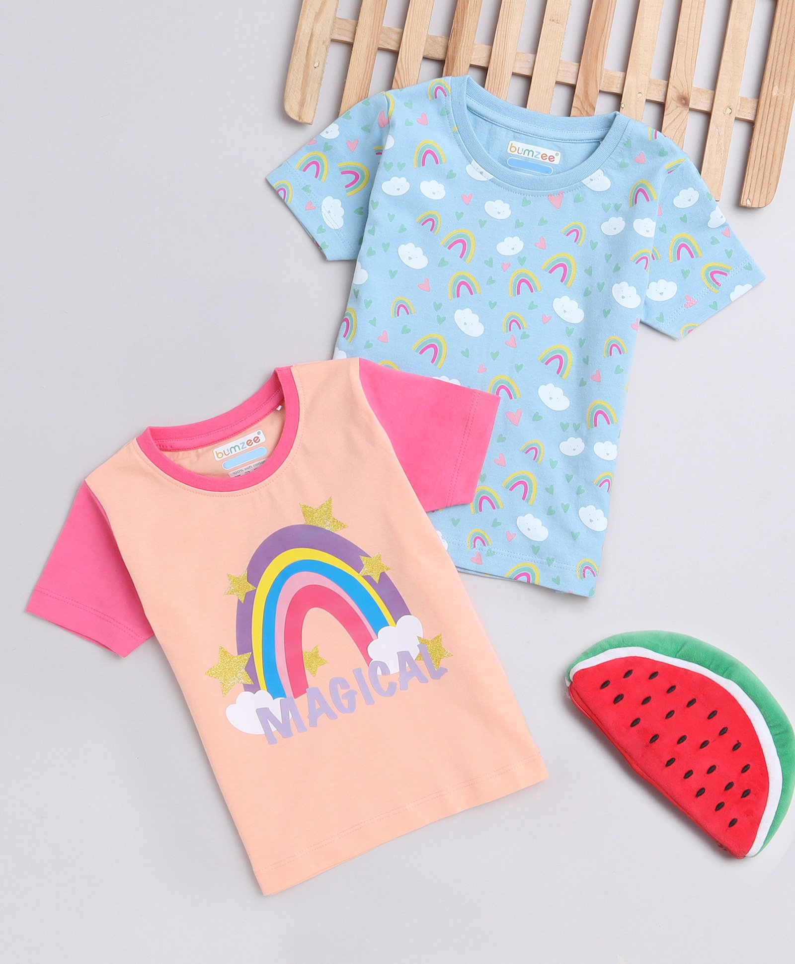 BUMZEE Cotton Woven Half Sleeves T-Shirts with Rainbow & Magical Text Print Pack Of 2 - Light Blue & Peach-image-41