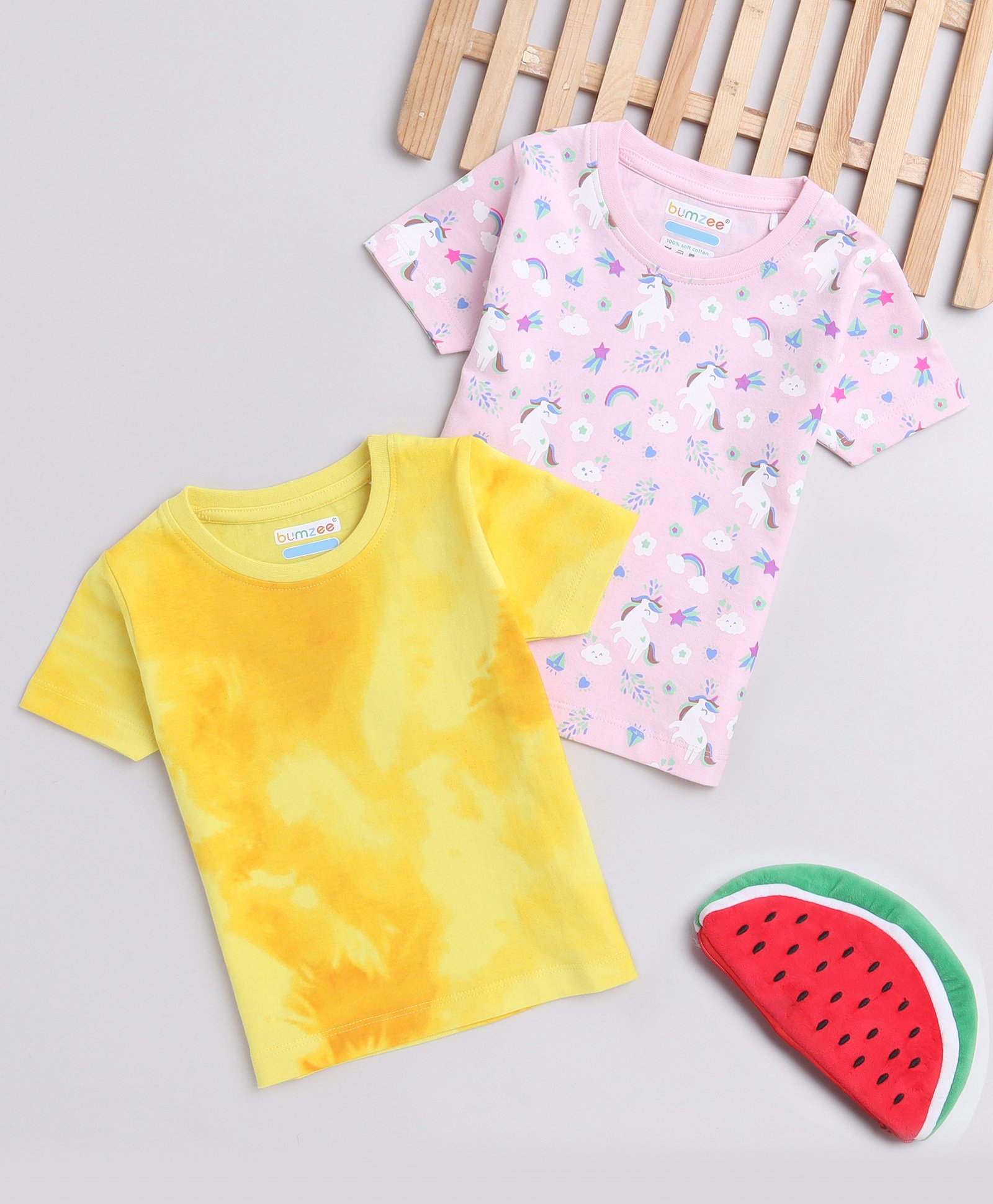 BUMZEE Cotton Woven Half Sleeves T-Shirts with Unicorn & Tie Dye Pack Of 2 - Light Pink & Yellow-picture-11