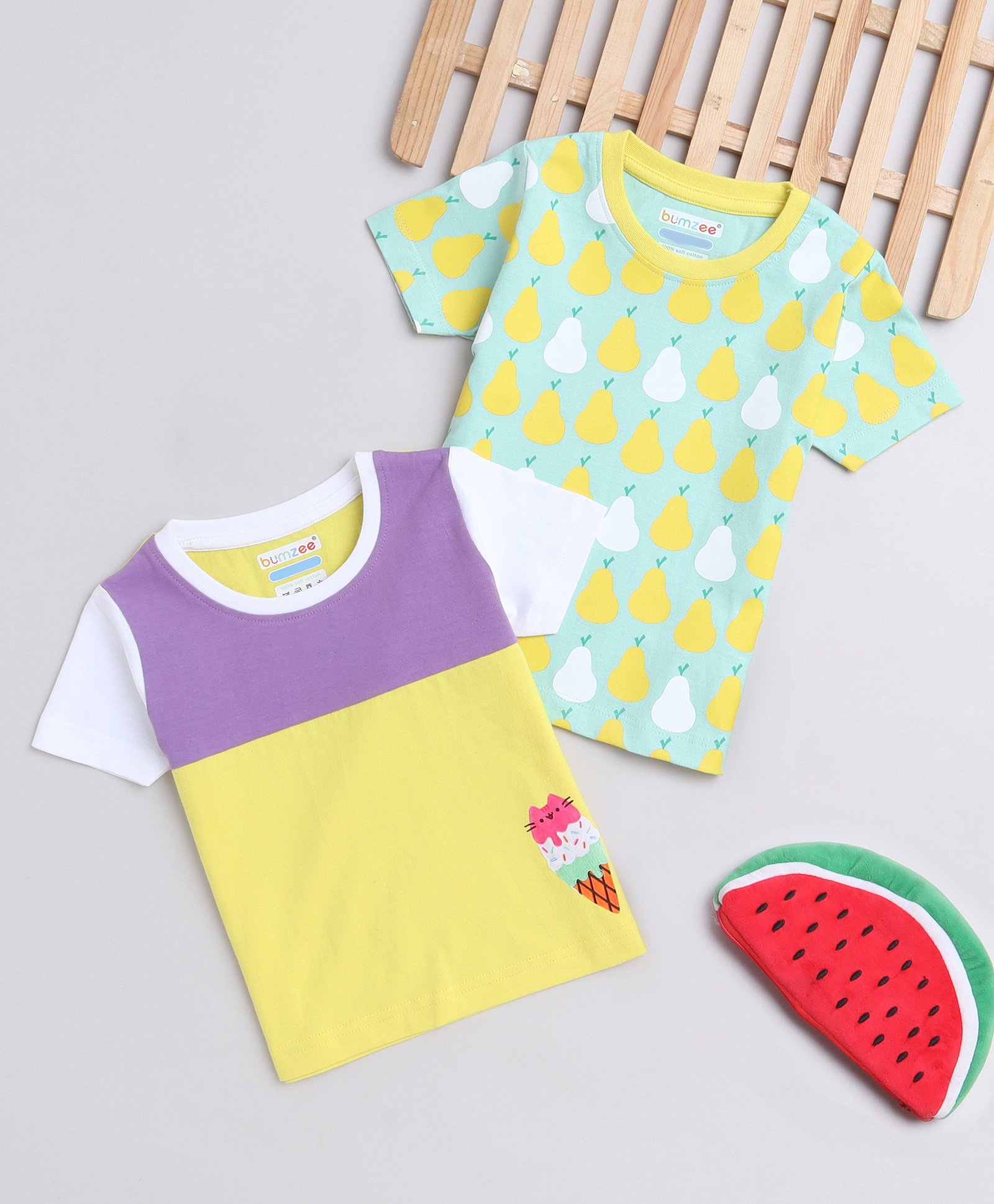 BUMZEE Cotton Woven Half Sleeves Cut & Sew T-Shirts with Pear & Ice - Cream Pack Of 2 - Mint Green & Yellow-image-1