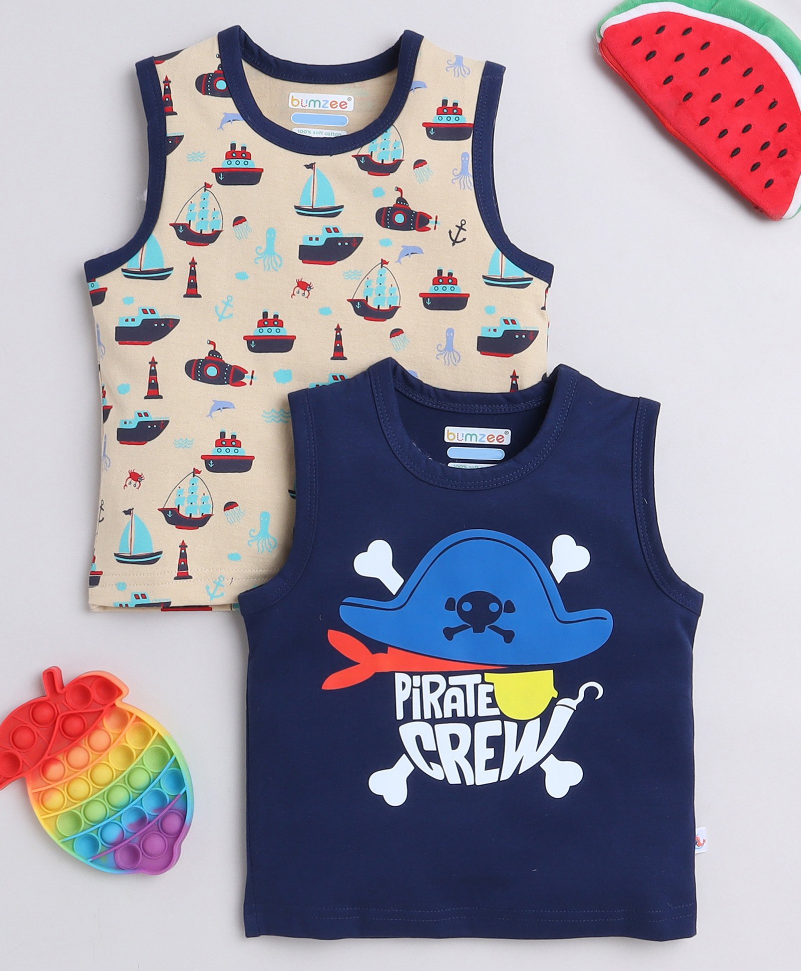 BUMZEE Cotton Knit Sleeveless Vests With Boat Print Pack Of 2 - Navy Blue & Cream-image-28