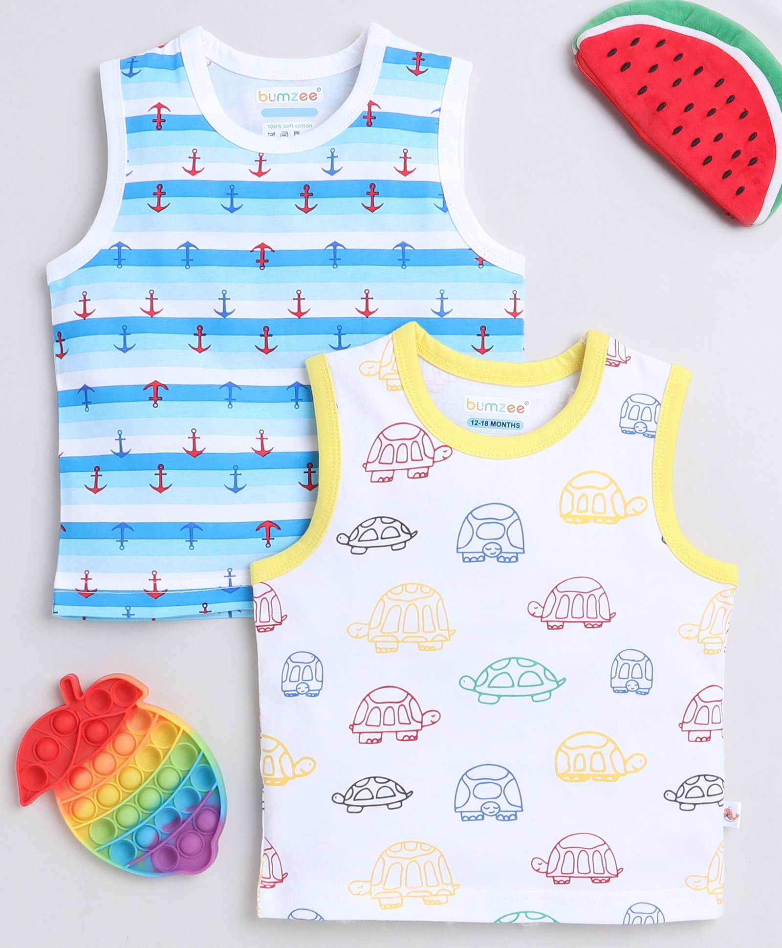 BUMZEE Cotton Knit Sleeveless Vests With Anchor & Turtle Print Pack Of 2 - Light Blue & White-image-44