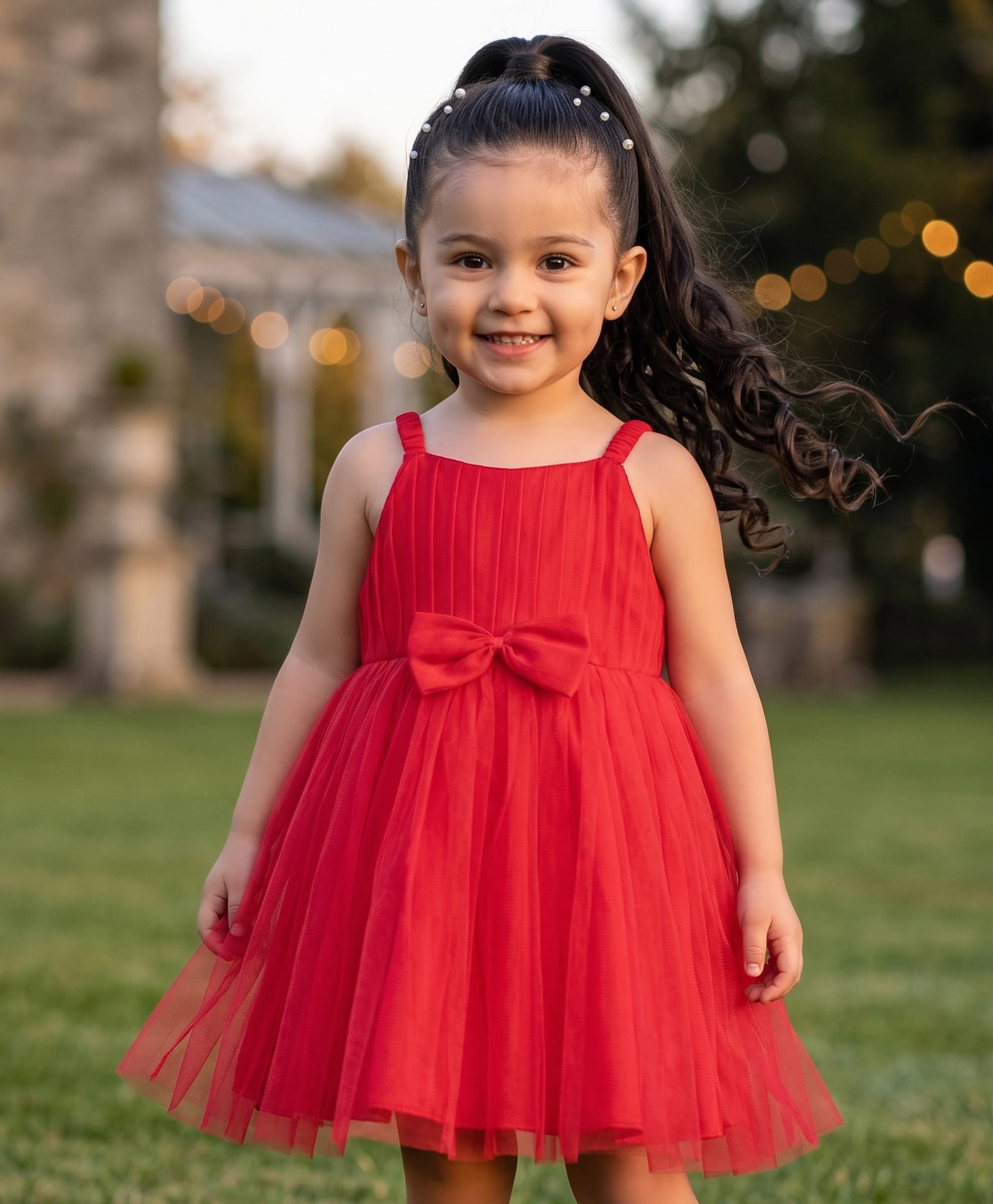 Babyhug Woven Sleeveless Solid Color Mesh Dress with Bow Applique - Red-image-44
