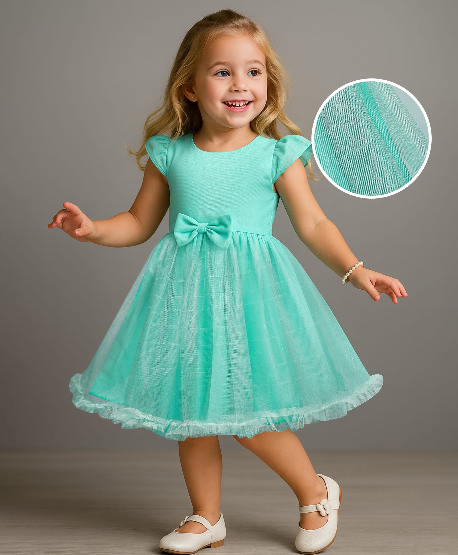 Babyhug Woven Cap Sleeves Party Dress With Bow Applique - Aqua Blue-picture-20