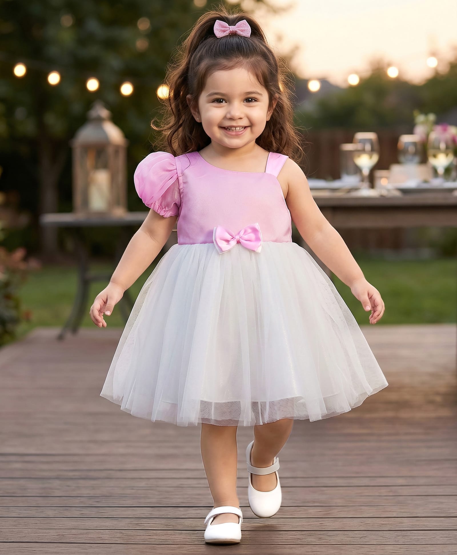 Babyhug Woven Sleeveless Mesh Dress with Bow Applique - Pink & White-image-38