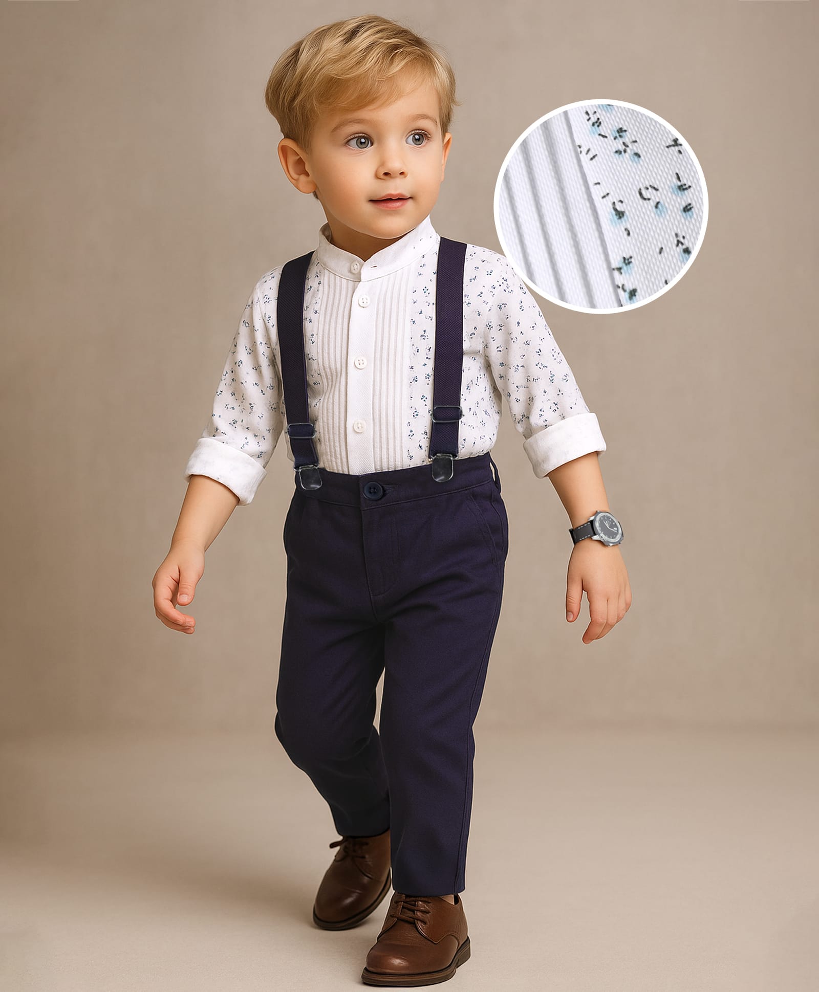 Babyhug Woven Full Sleeves Floral Printed Shirt & Trouser Set with Suspender - White & Navy Blue-picture-29