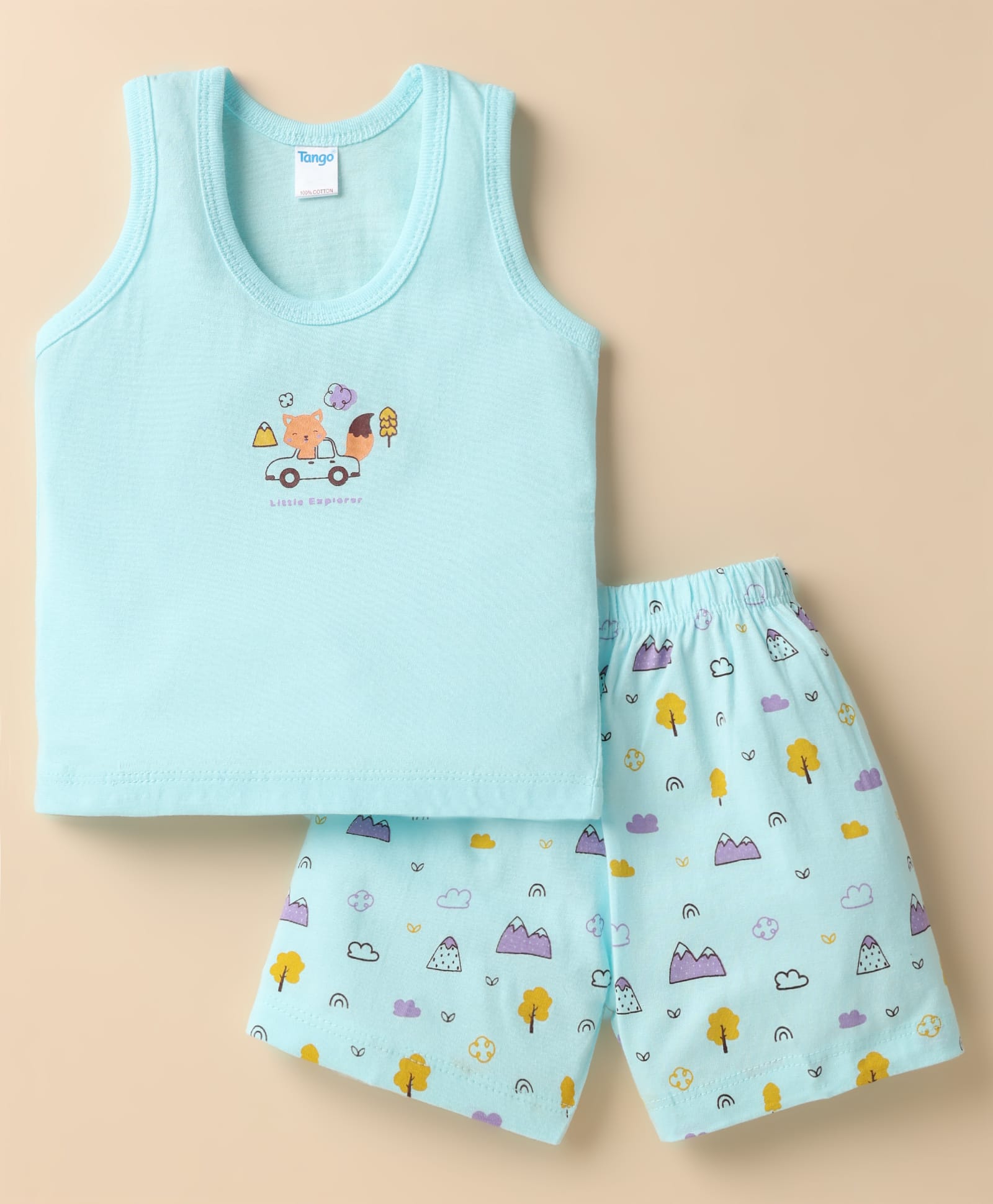 Tango Single Jersey Knit Sleeveless Animal Printed Vest & Mountains Printed Shorts- Aqua Blue-image-31