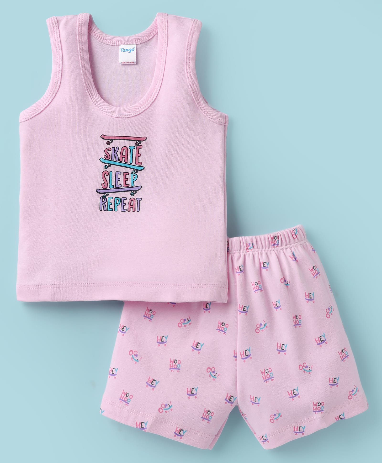 Tango Interlock Knit Sleeveless Text Printed Vest & Knee Length Shorts - Pink-image-22