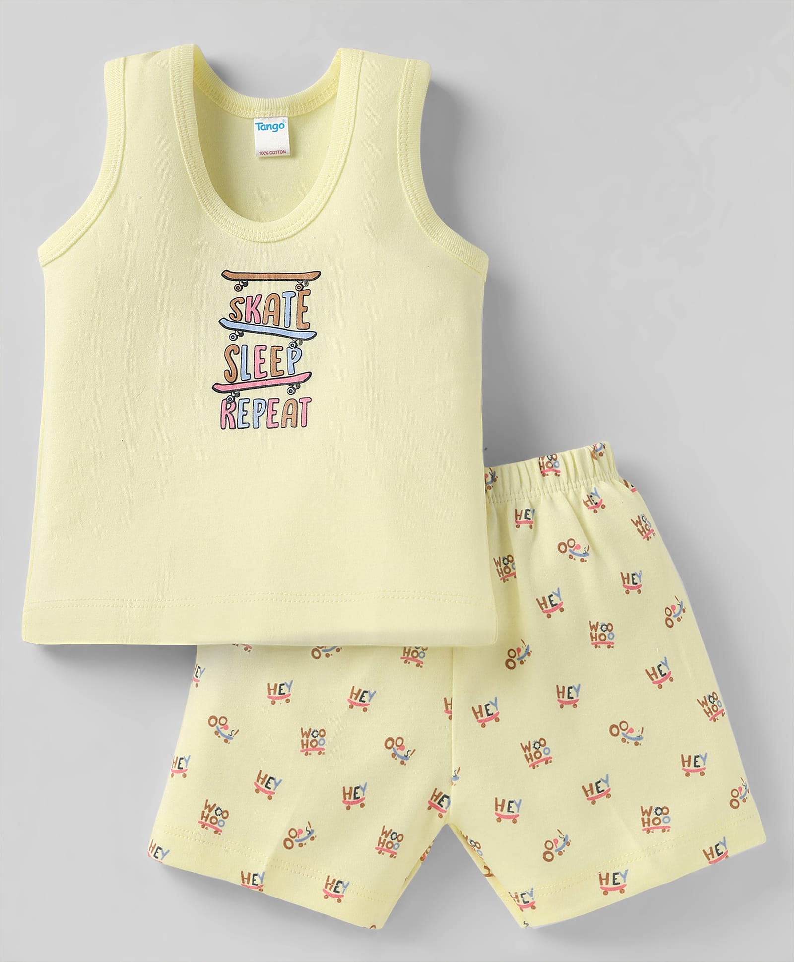 Tango Interlock Knit Sleeveless Text Printed Vest & Knee Length Shorts - Lemon-image-23