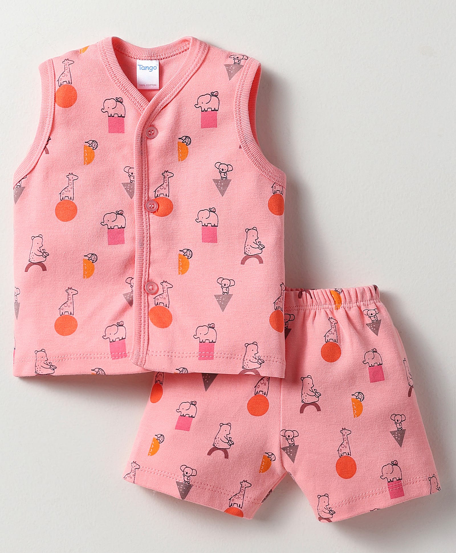 Tango Interlock Knit Front Open Sleeveless Animal Printed Jhabla & Shorts - Coral Blue-image-19