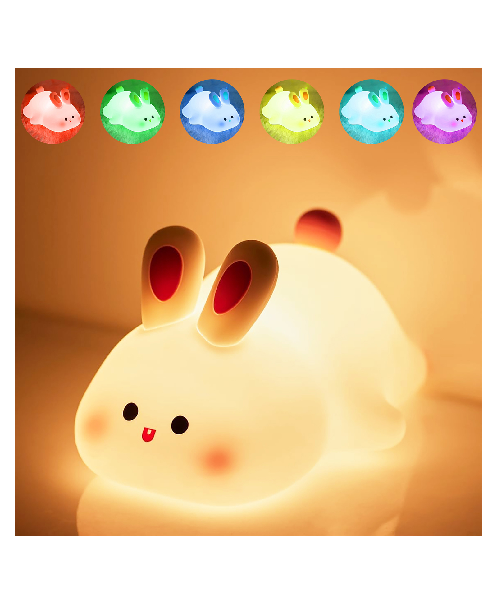 VGRASSP Color Changing Rabbit Face Silicone Night Lamp Toy For Kids - Soft Rechargeable Squishy Animal Light For Baby And Toddlers - Color May Vary-image-39