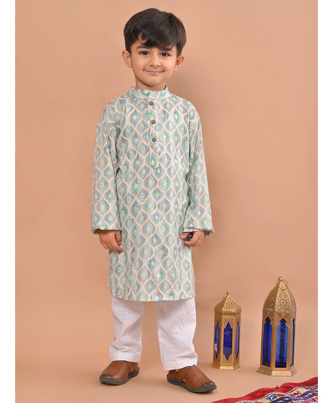 Kinder Kids Cotton Blend Full Sleeves Abstract Printed Kurta Pyjama Set - Blue-image-25