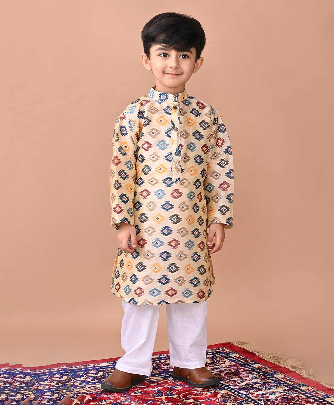 Kinder Kids Cotton Blend Full Sleeves Abstract Printed Kurta Pyjama Set - Multi Colour-image-18