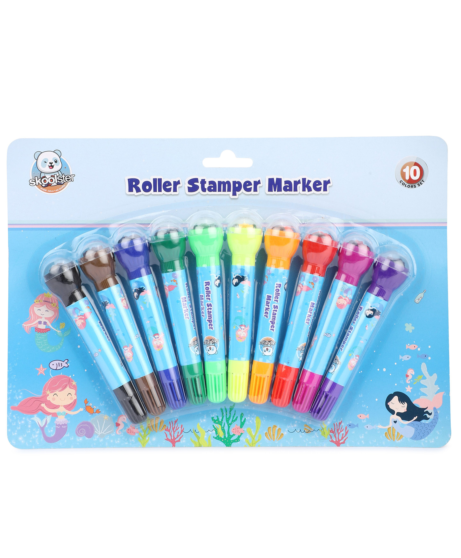 Skoolster Premium Roller Stamper Markers 10 Pcs Set, Dual-Tip Markers with Fun Rolling Stamps for Kids, Washable & Non-Toxic ( Mermaid)-picture-12