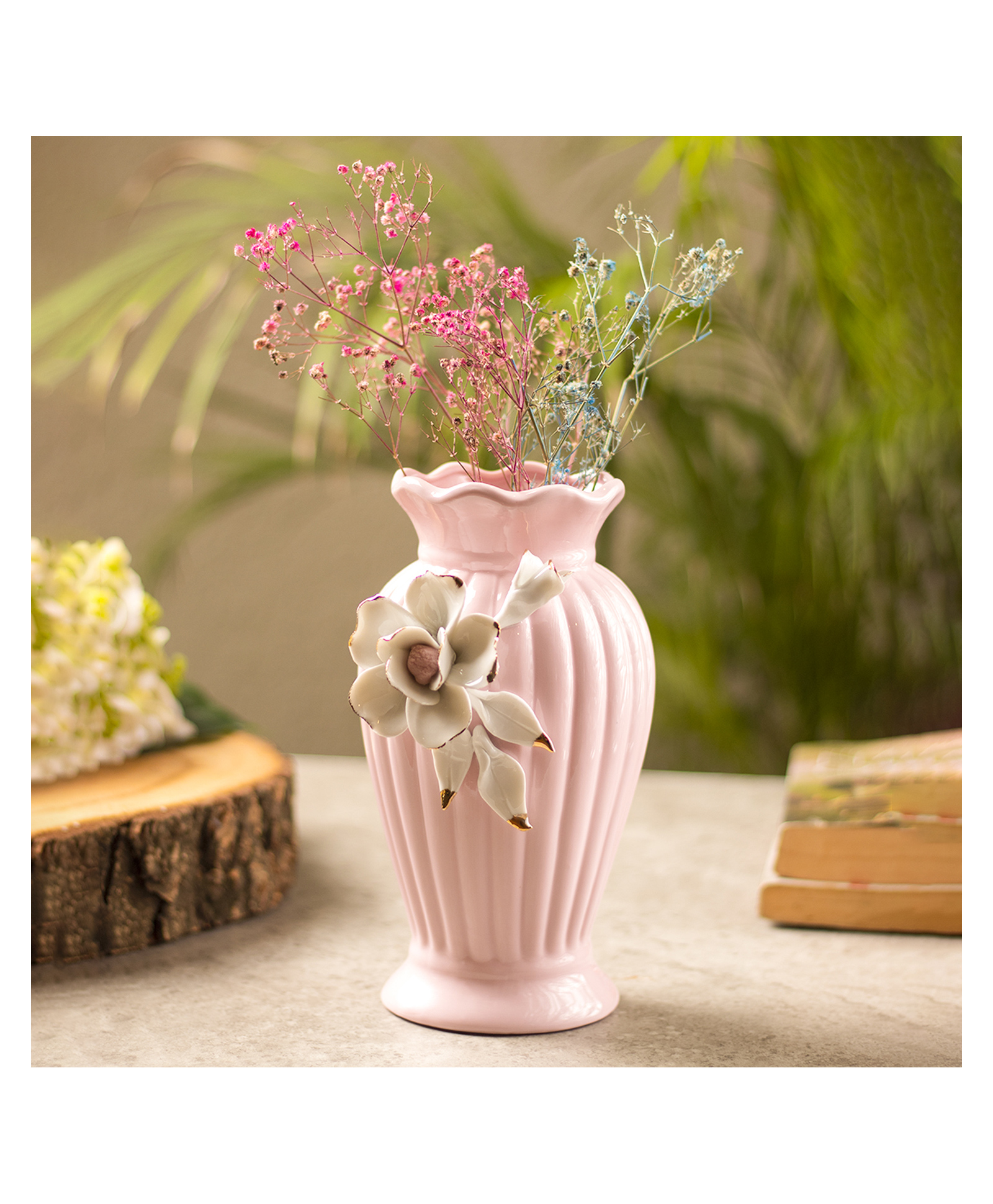VONCASA Light Pink Ceramic Curvy Vase - Engraved Floral Pattern, Flower Holder-picture-34