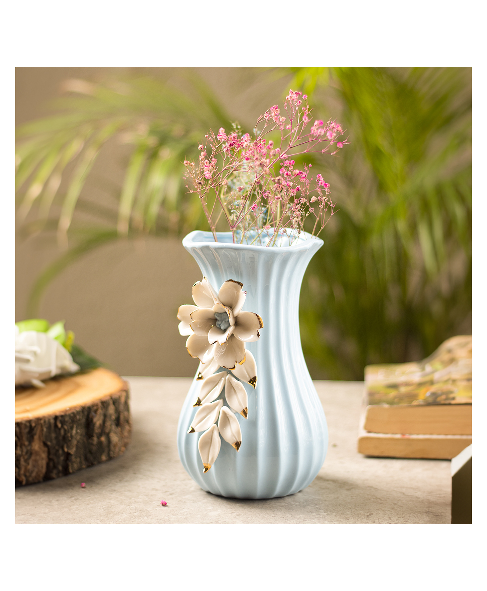 VONCASA Blue Ceramic Curvy Vase - Engraved Floral Pattern, Flower Holder-picture-36