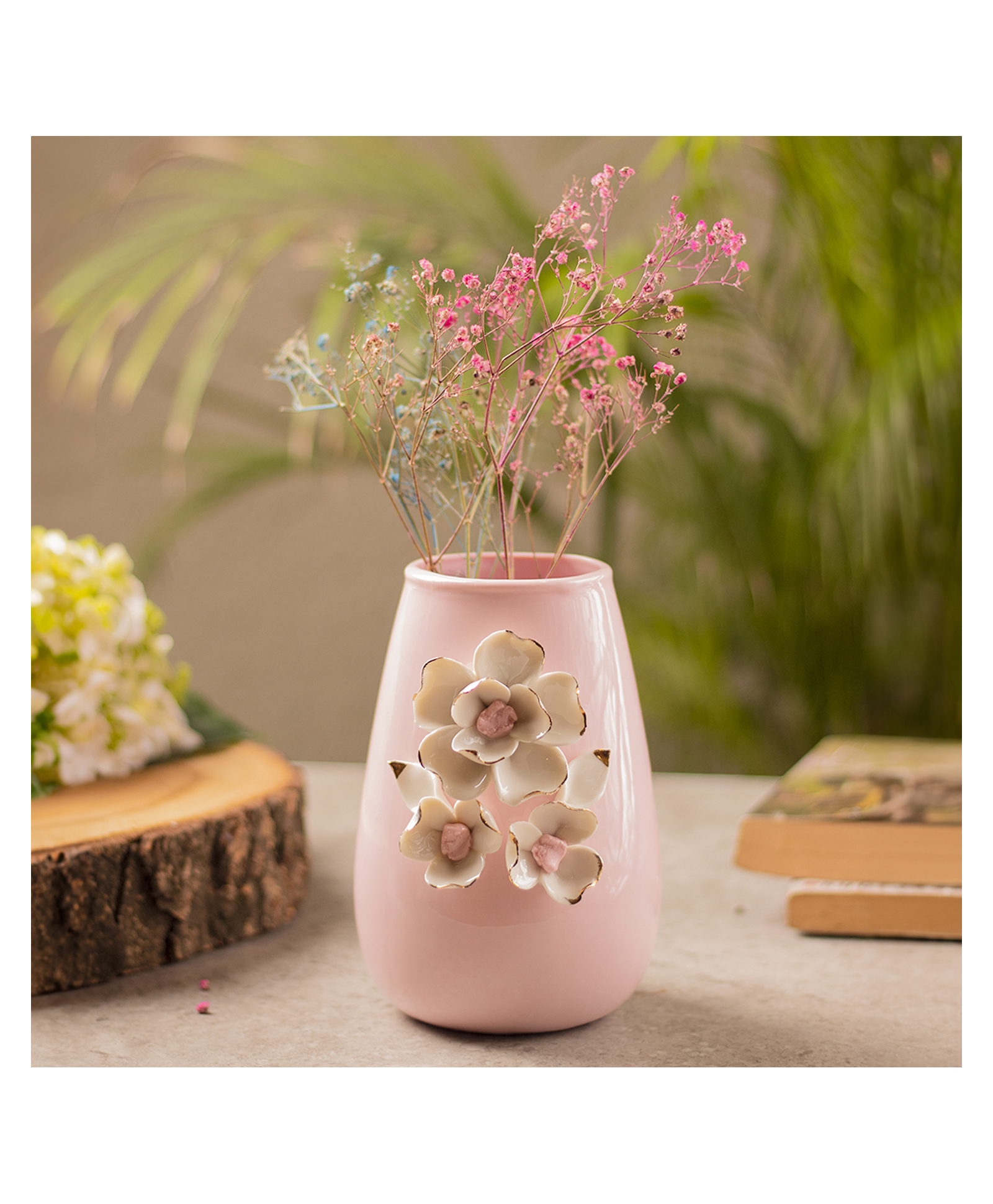 VONCASA Pink Ceramic Vase - Engraved Floral & Ribbed Pattern, Flower Holder-image-4