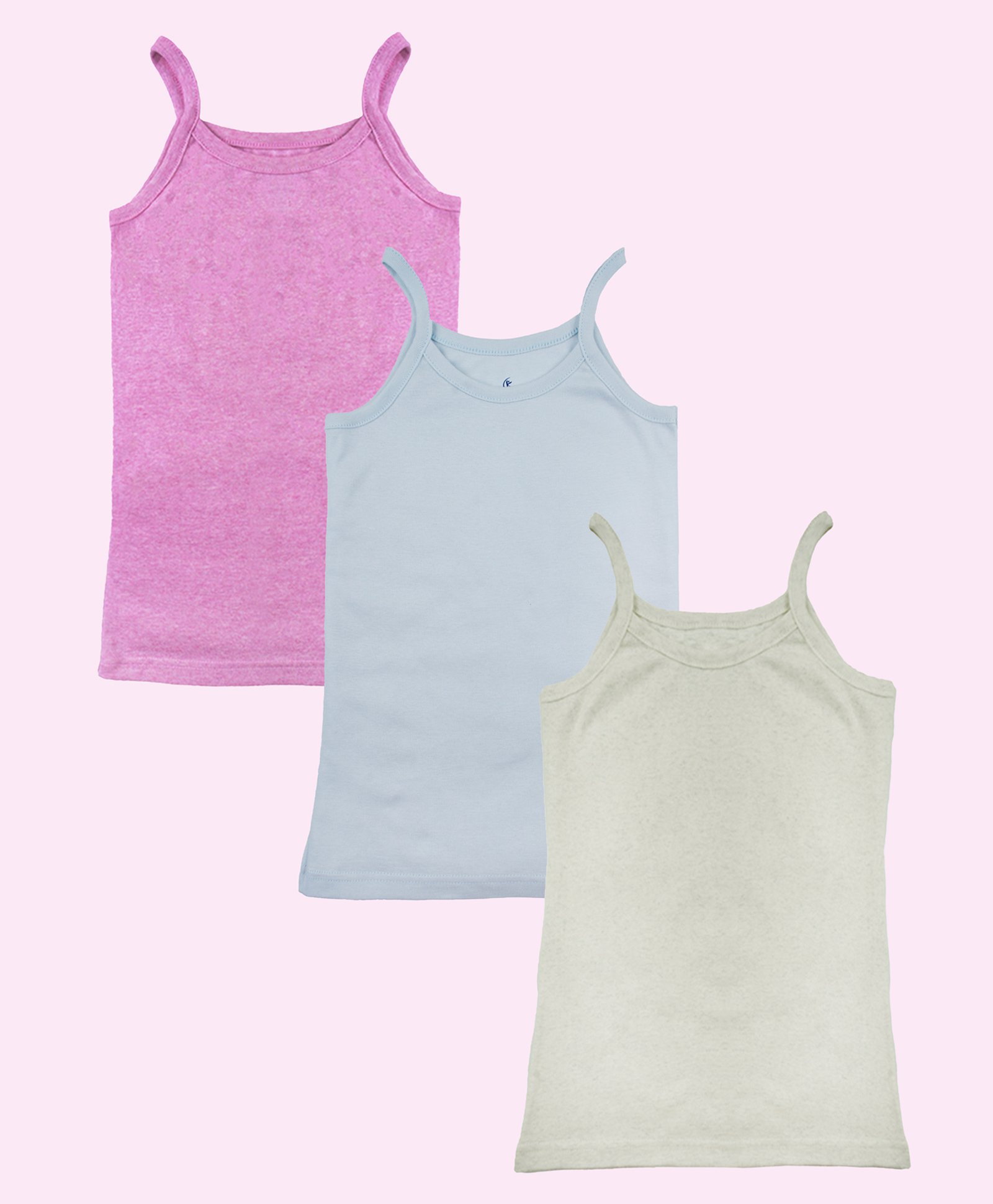 Kiddopanti Cotton Pack Of 3 Sleeveless Solid Camisoles - Blue Cream Melange & Pink Melange-image-0