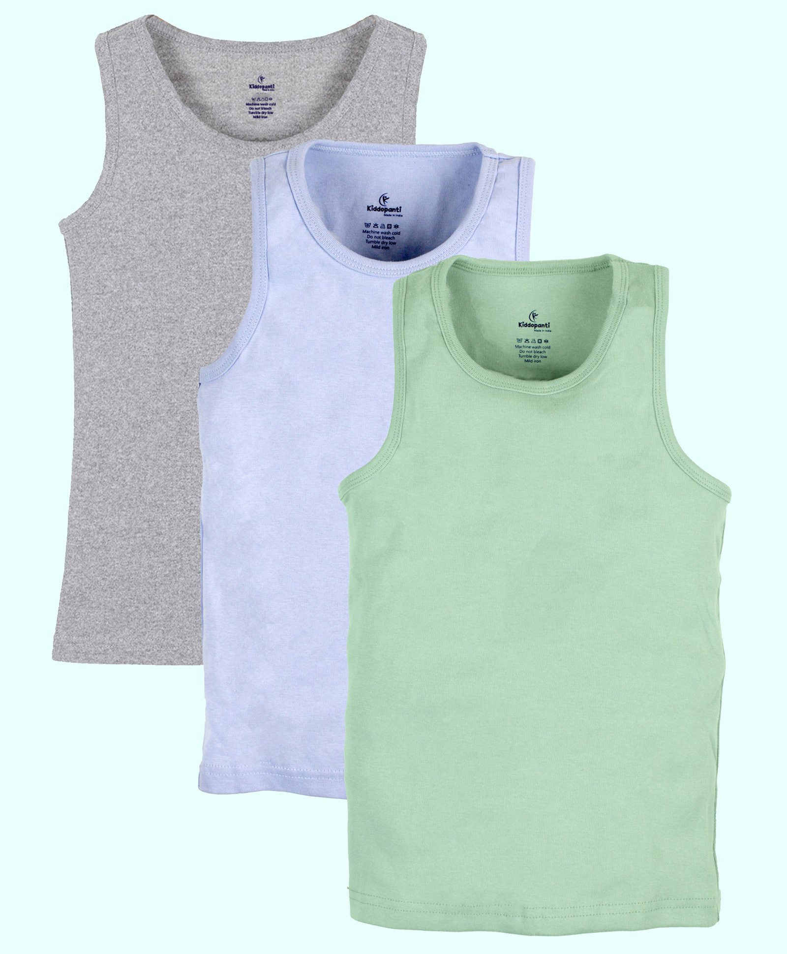 Kiddopanti Cotton Pack Of 3 Sleeveless Solid Vest - Ice Blue Grey Melange & Light Green-image-43