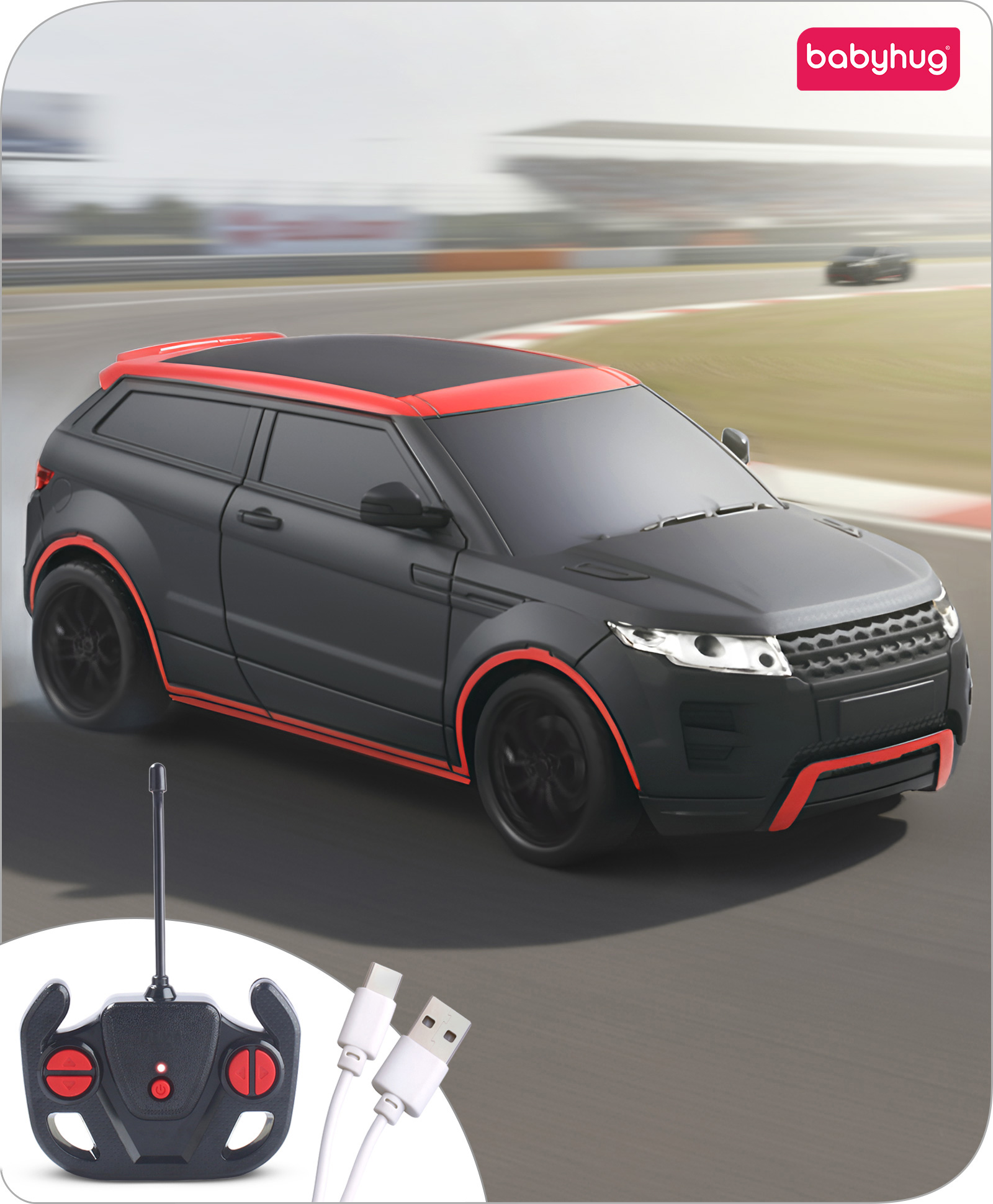 Babyhug 1:24 C-Type Rechargeable Remote Control Racing Car |Black-Red Finish| Gifting Car for 4 years + Kids| BIS Certified - Black