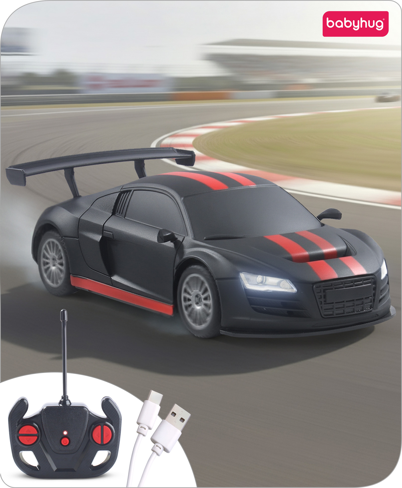 Babyhug 1:24 C-Type Rechargeable Remote Control Racing Car BIS Certified - Black