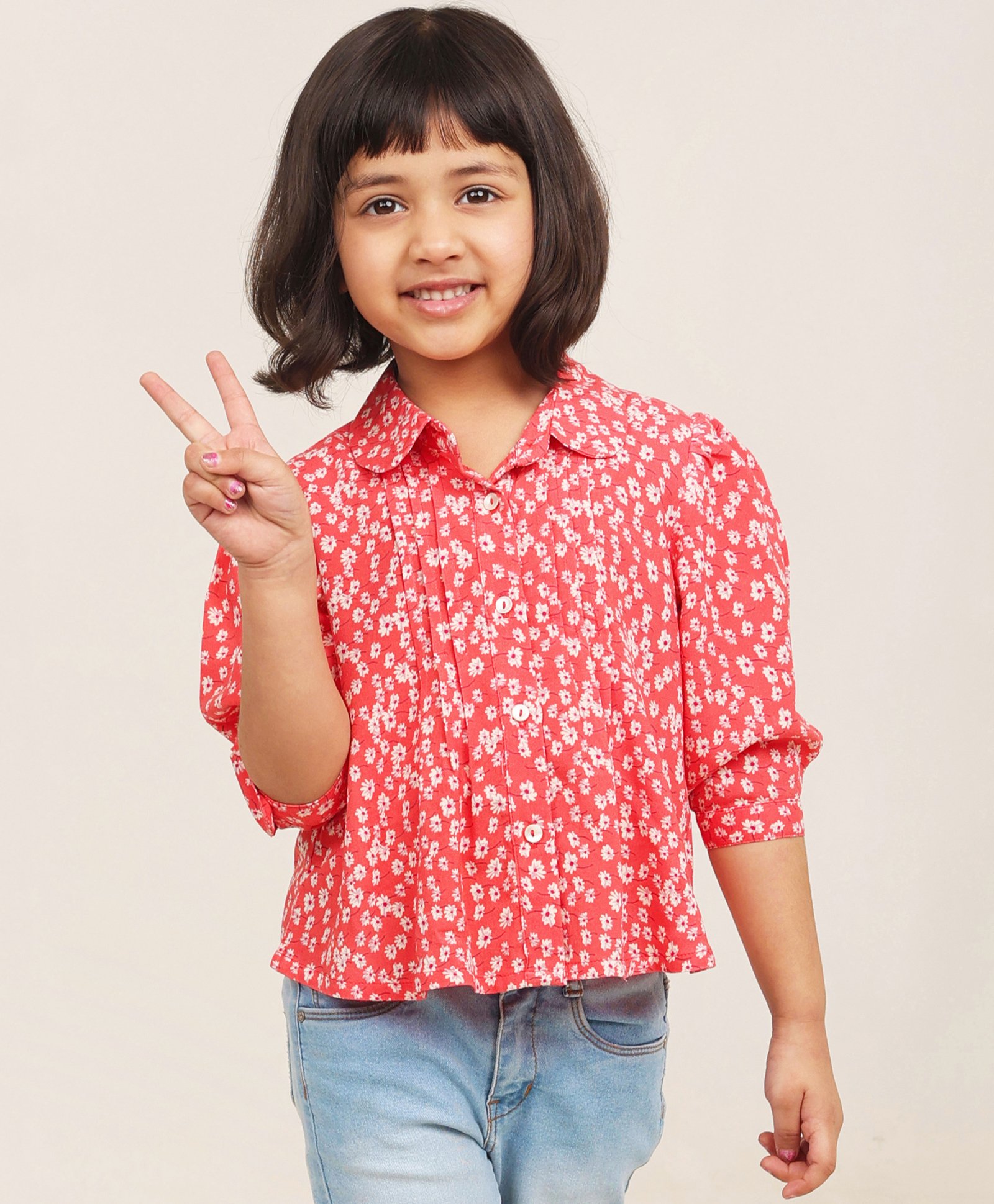Campana Rayon Woven Three Fourth Sleeves Floral Printed Top - Peach-picture-24