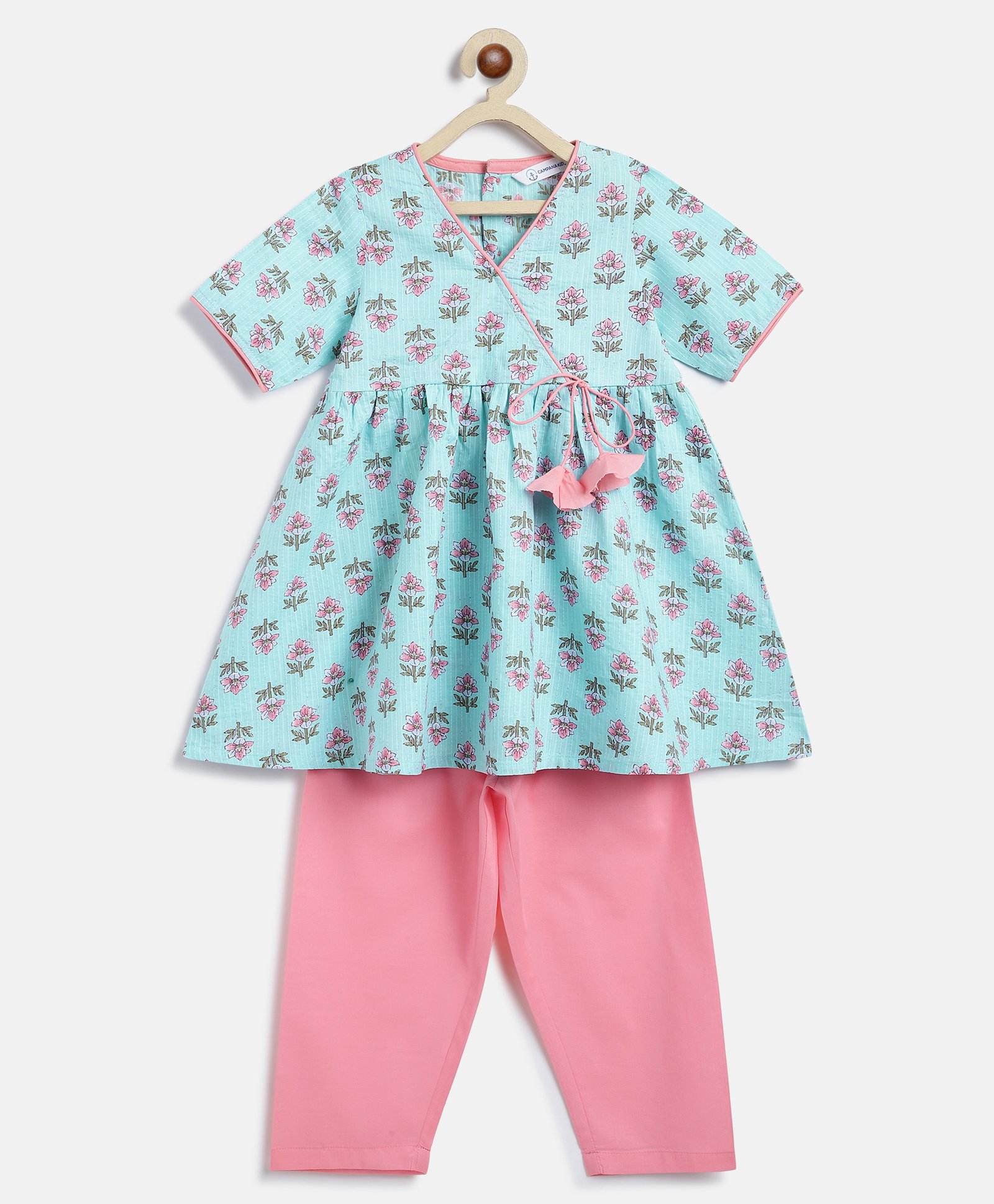 Campana 100% Cotton Half Sleeves Floral Printed Flared Kurta With Pants Set - Light Blue & Light Pink-image-48