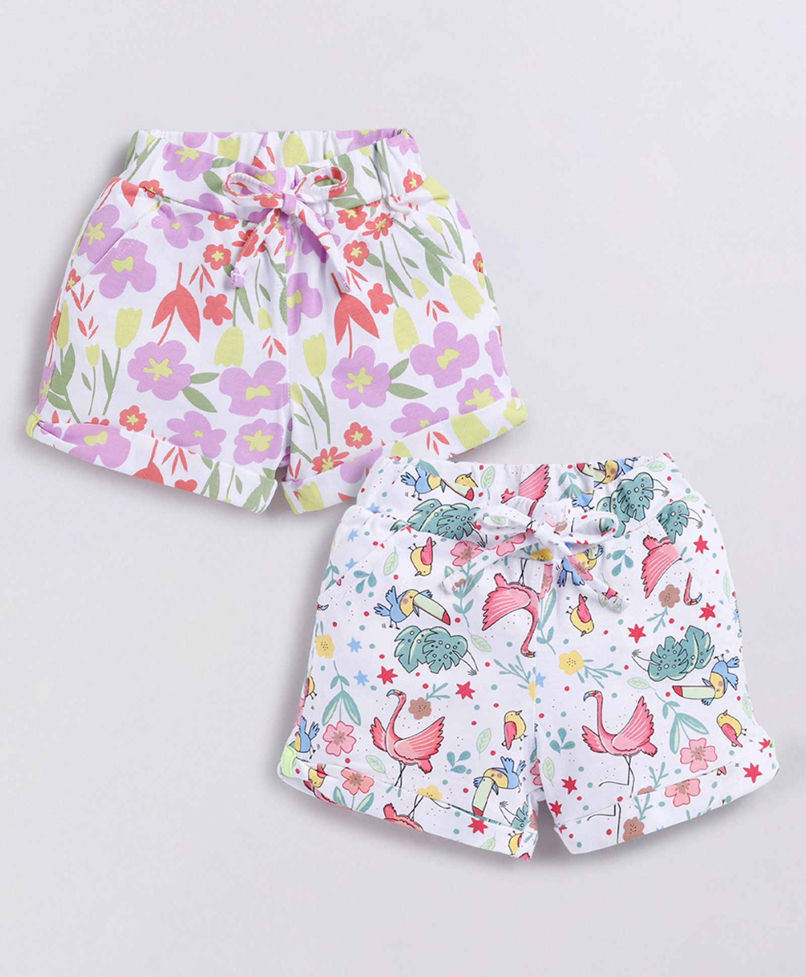 Biskid Sinker Pack Of 2 Floral & Birds Printed Shorts - White Pink & Violet-picture-12