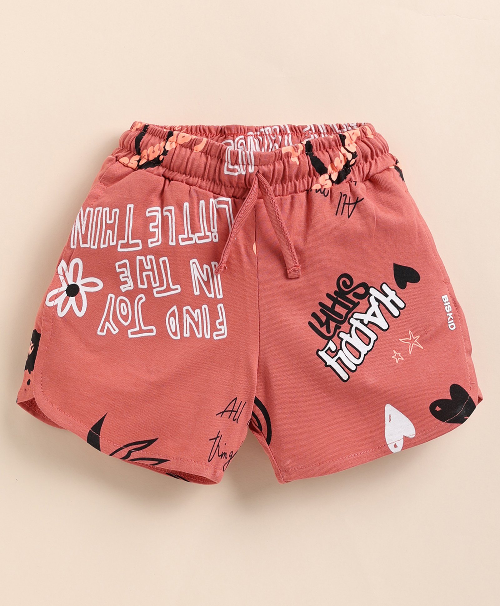 Biskid Cotton Find Joy Text Printed Shorts - Peach-picture-27