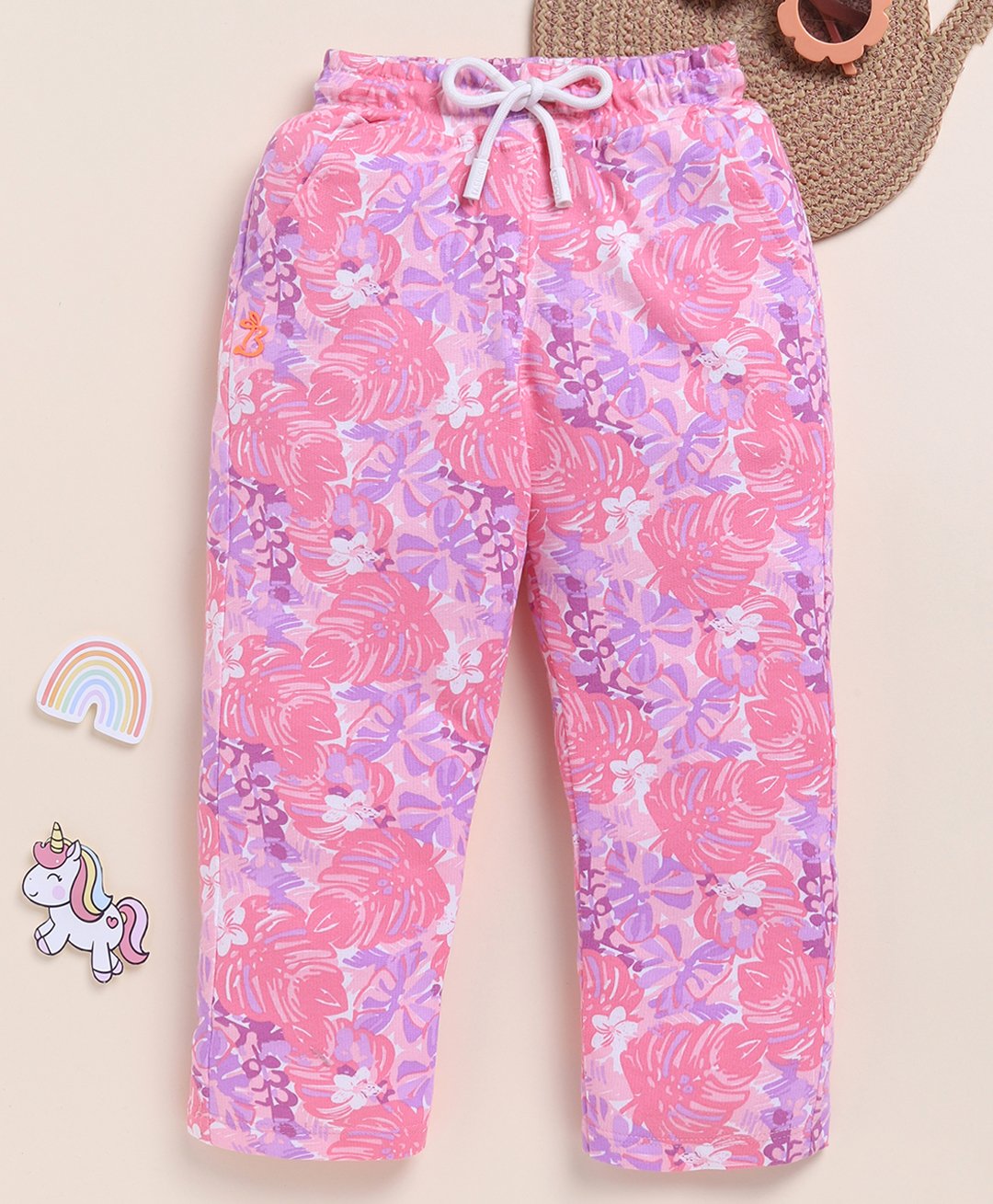 Biskid Pure Cotton Floral & Leaves Printed Pajama - Pink-picture-43