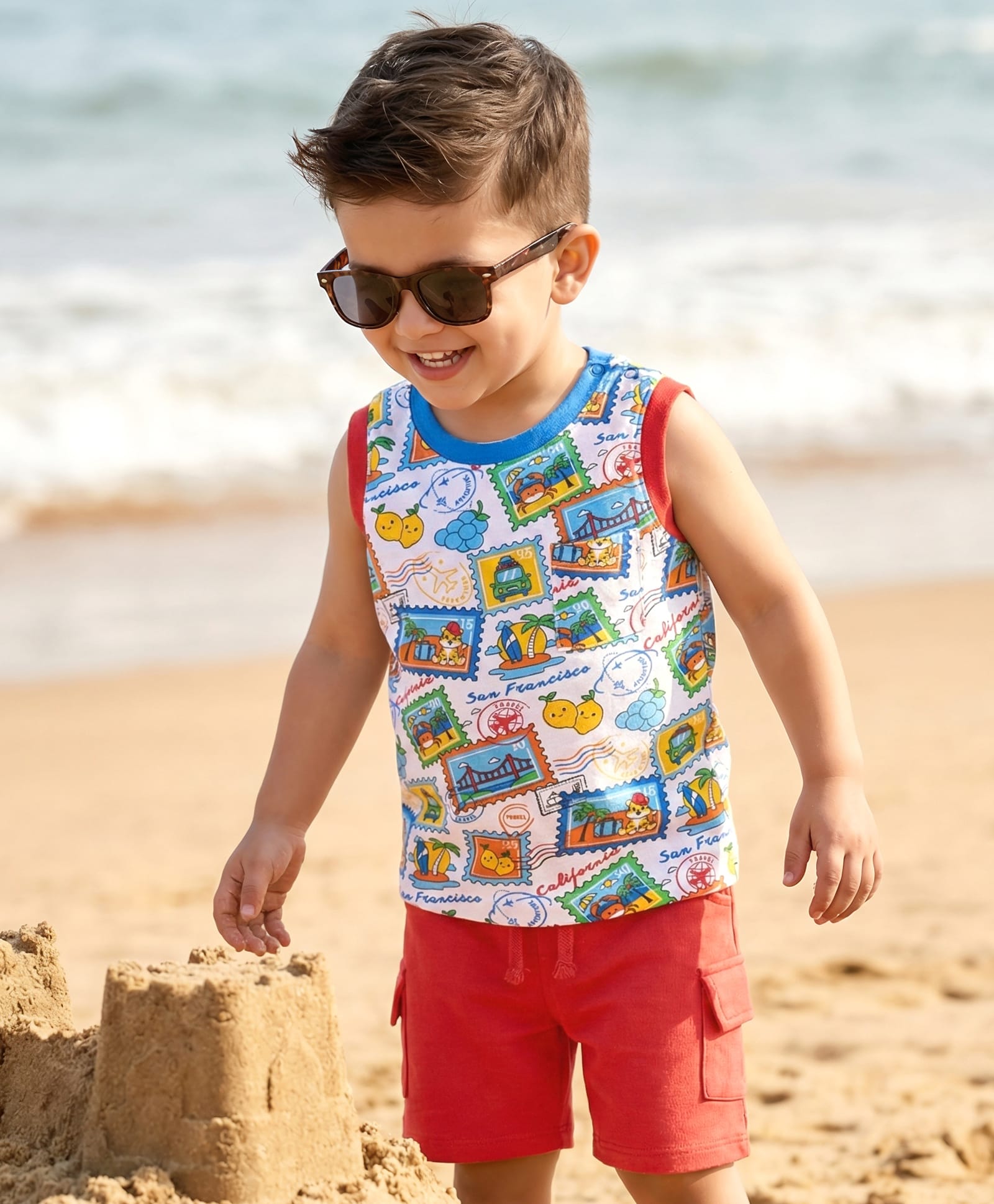 Babyhug Single Jersey Knit Sleeveless Tank T-Shirt & Shorts Set With Beach Theme & Fruit Print - White & Red-image-24