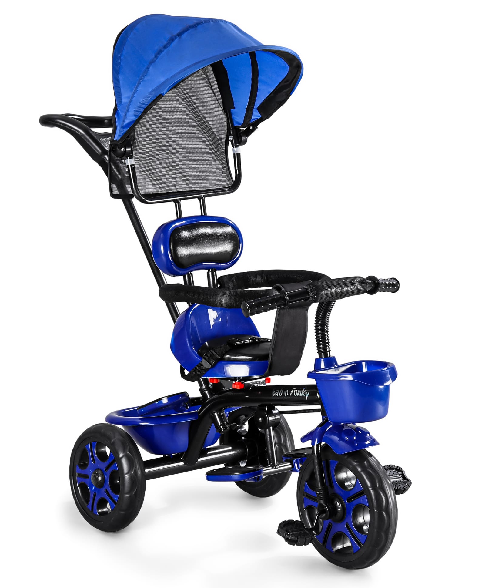 Kids Tricycle With 360 Degree Rotating Seat & Canopy - Blue| Removable Parental Handle| Safety Harness| Secure Front Bar| Foldable Footrest| Non-slip Pedal| Storage Basket| Comfortable Seat-image-7