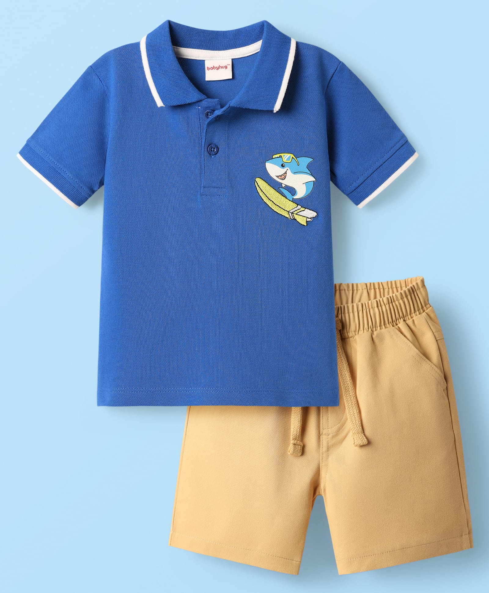 Babyhug Single Jersey Knit Half Sleeves Polo T-Shirt & Shorts Set With Shark Print - Blue & Beige