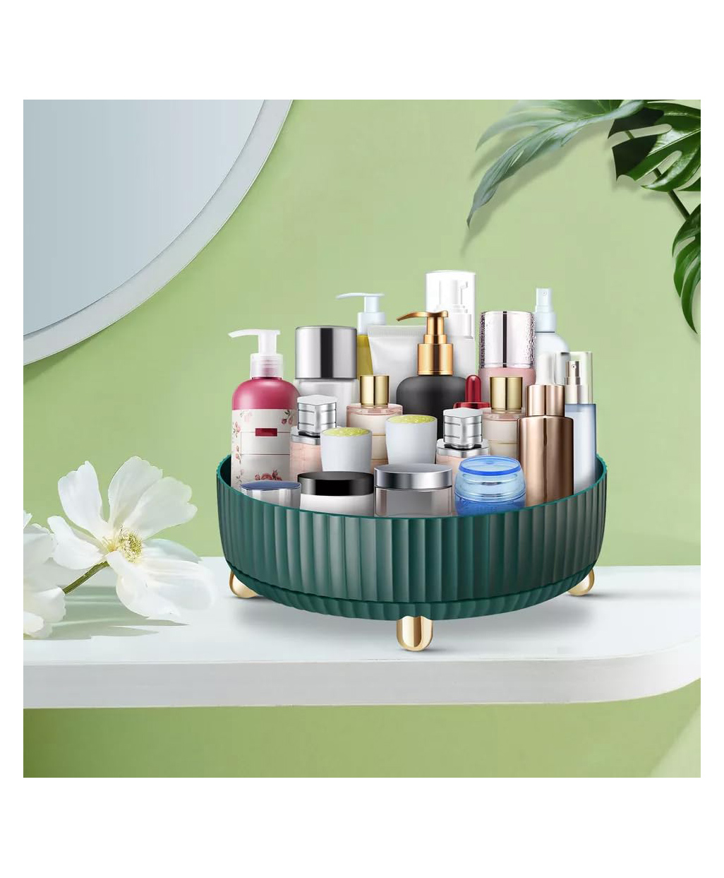 House of Quirk Lazy Susan Turntable, Cosmetics and Perfume Organizer for Cabinet Clear Organizer Bin 360 Degree Rotating Storage Tray (Dark Green) Round-image-3