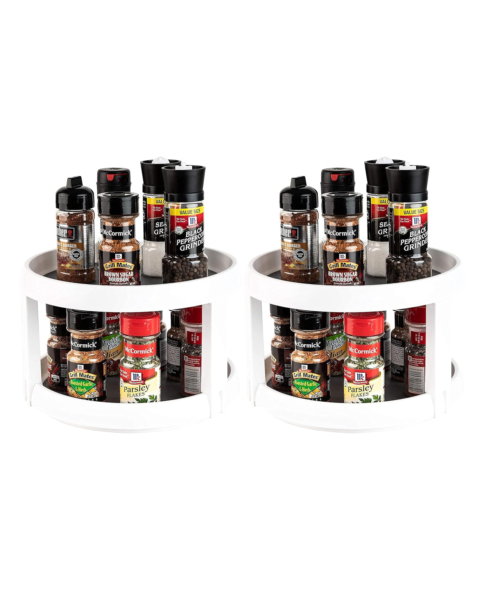 House Of Quirk Plastic Pack Of 2 Non Skid Turntable Lazy Susan Cabinet Organizer - 2 Tier 360 Degree Rotating Spice Rack - 9.4 Inch Spinning Pantry, Kitchen, Countertop, White - Tiered Shelf-image-1