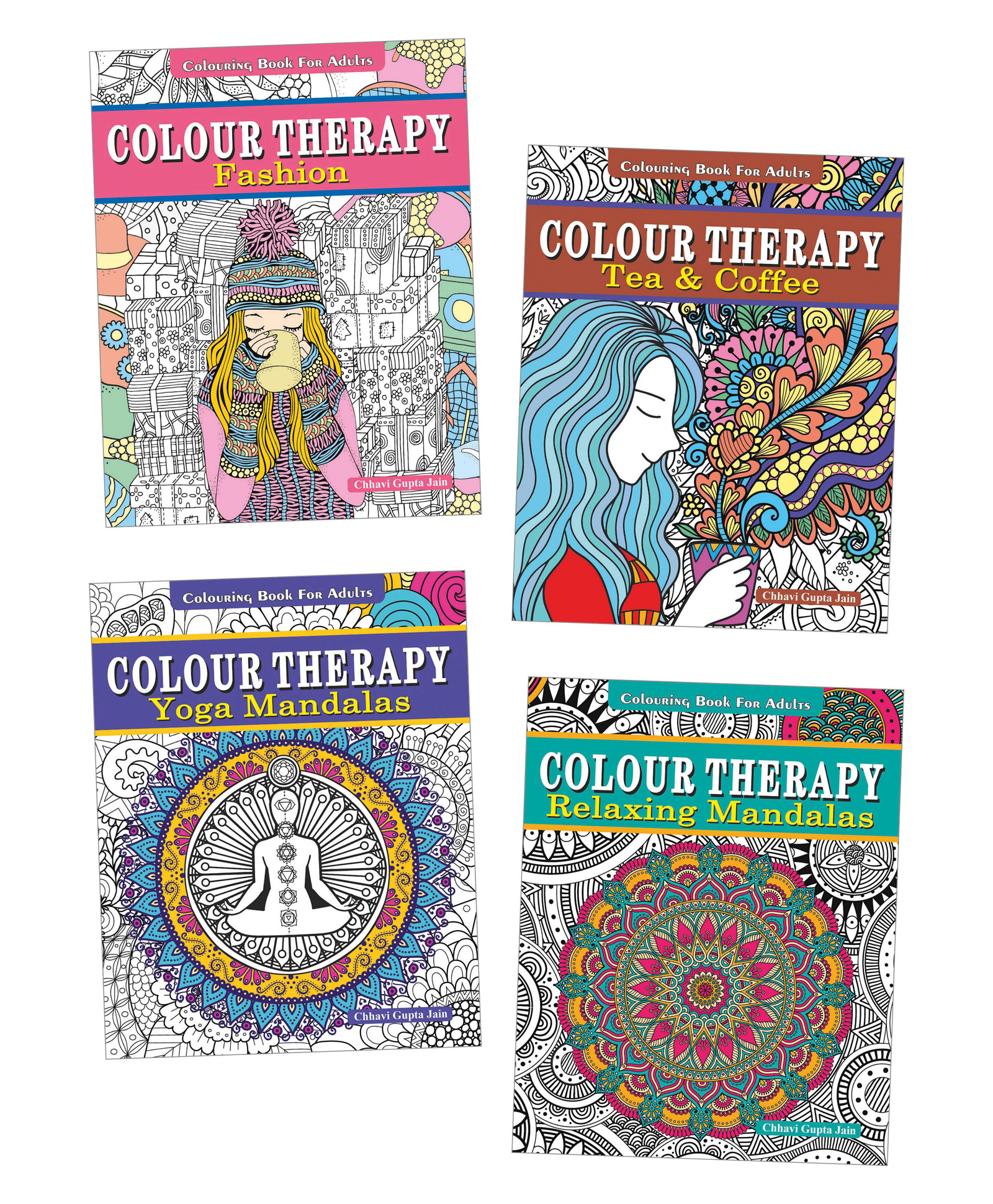 Colour Therapy Colouring Book For Adults, Fashion, Tea & Coffee, Yoga Mandalas & more, Set of 4 Books - English-image-33