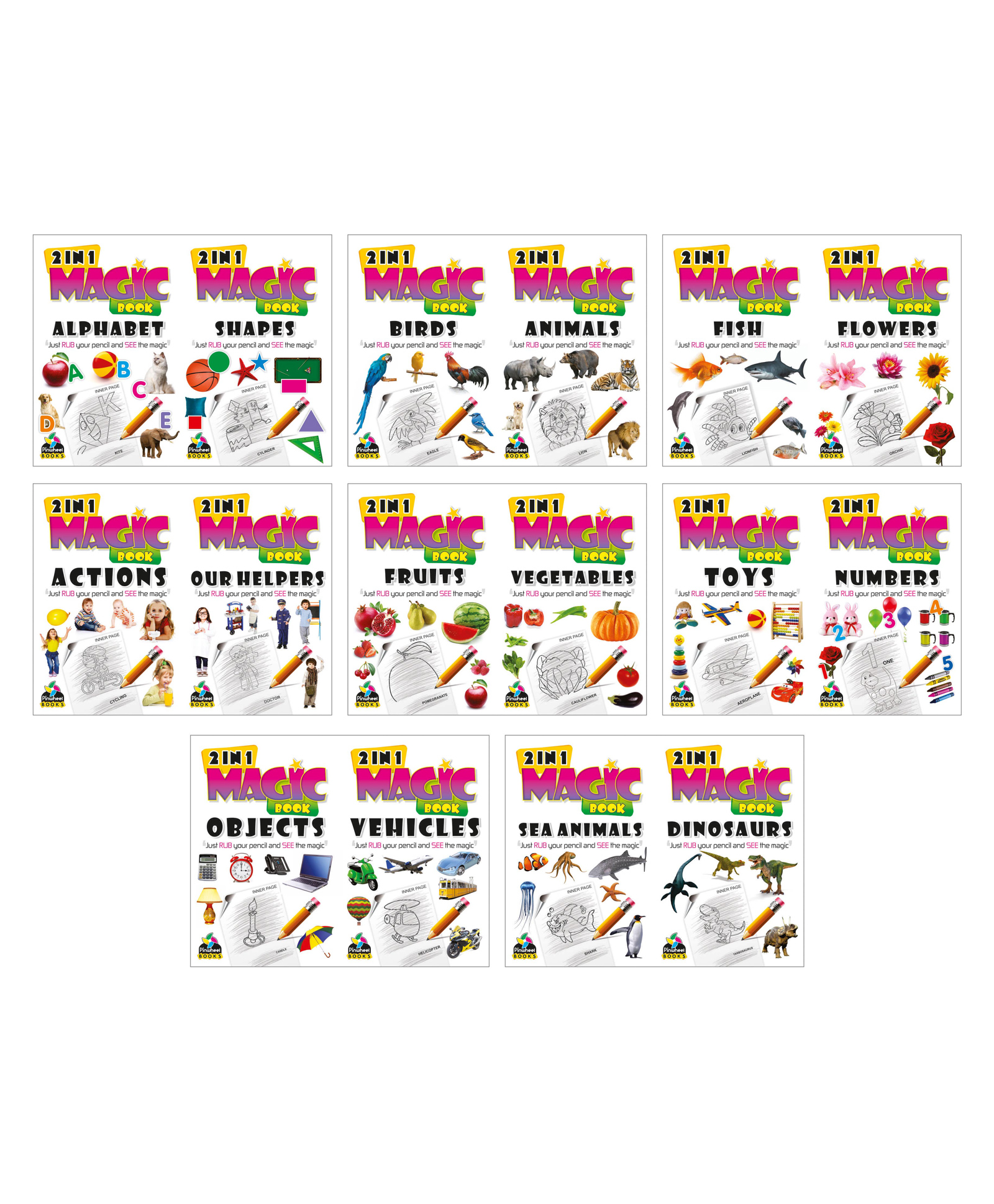 2 in 1 Magic Books, Alphabet - Shapes, Numbers - Toys, Vehicles - Objects & more, Set of 8 Books - English-image-4