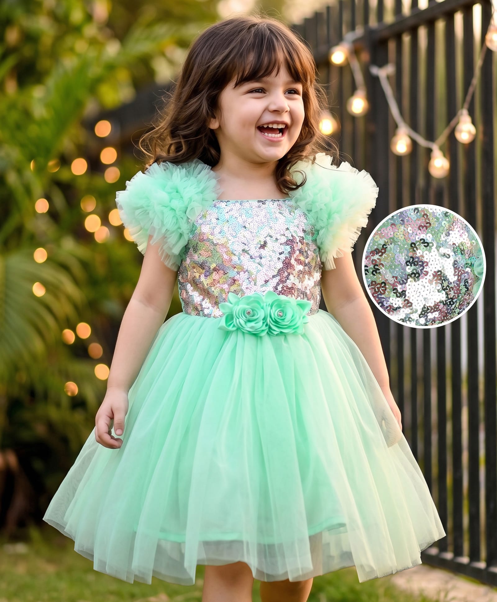 Mark & Mia Woven Half Sleeves Party Dress With Floral Applique & Sequinned Yoke - Mint Green-image-35