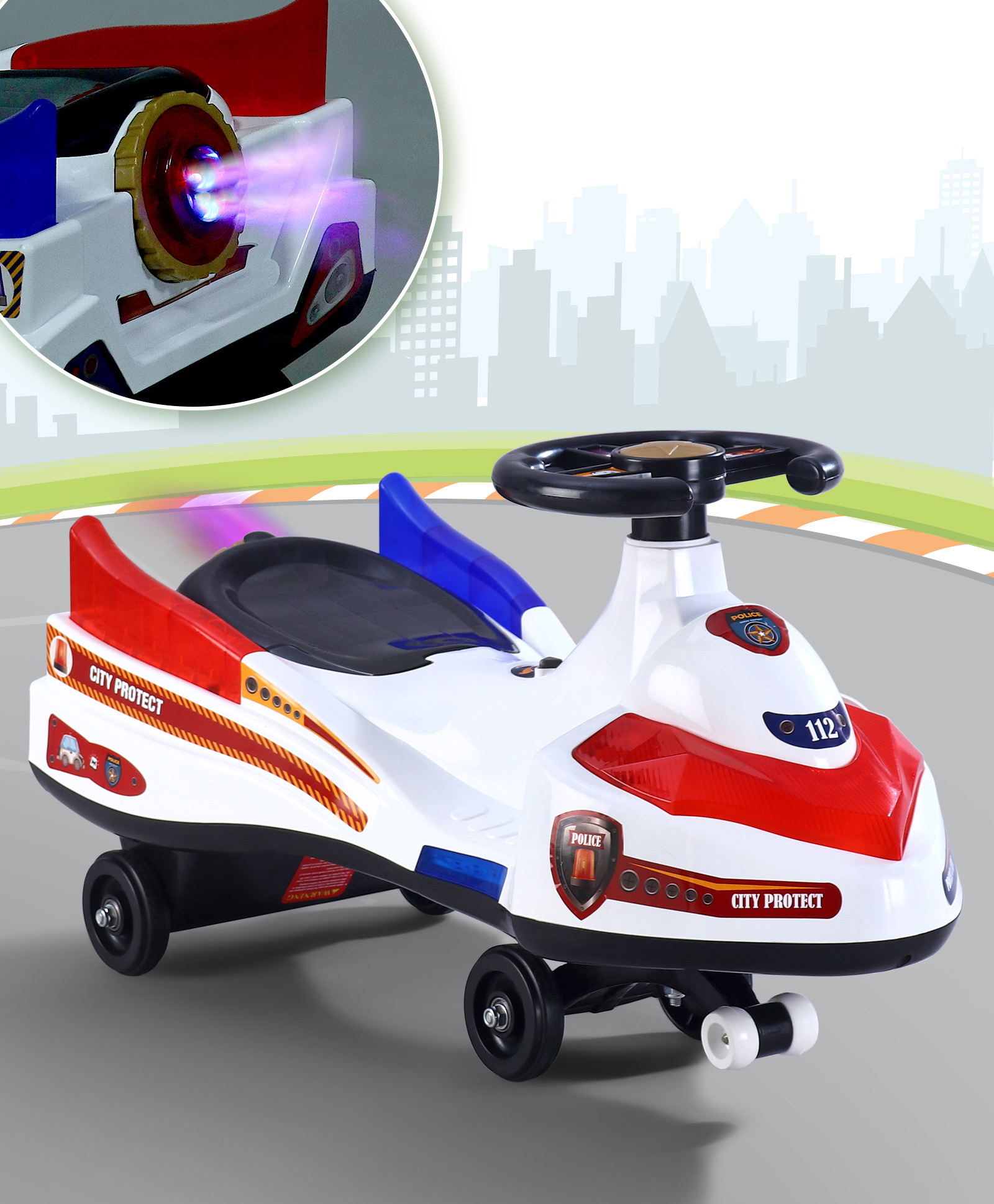 Police Kids Swing Car with Light Music & Cool Smoke - White-image-30