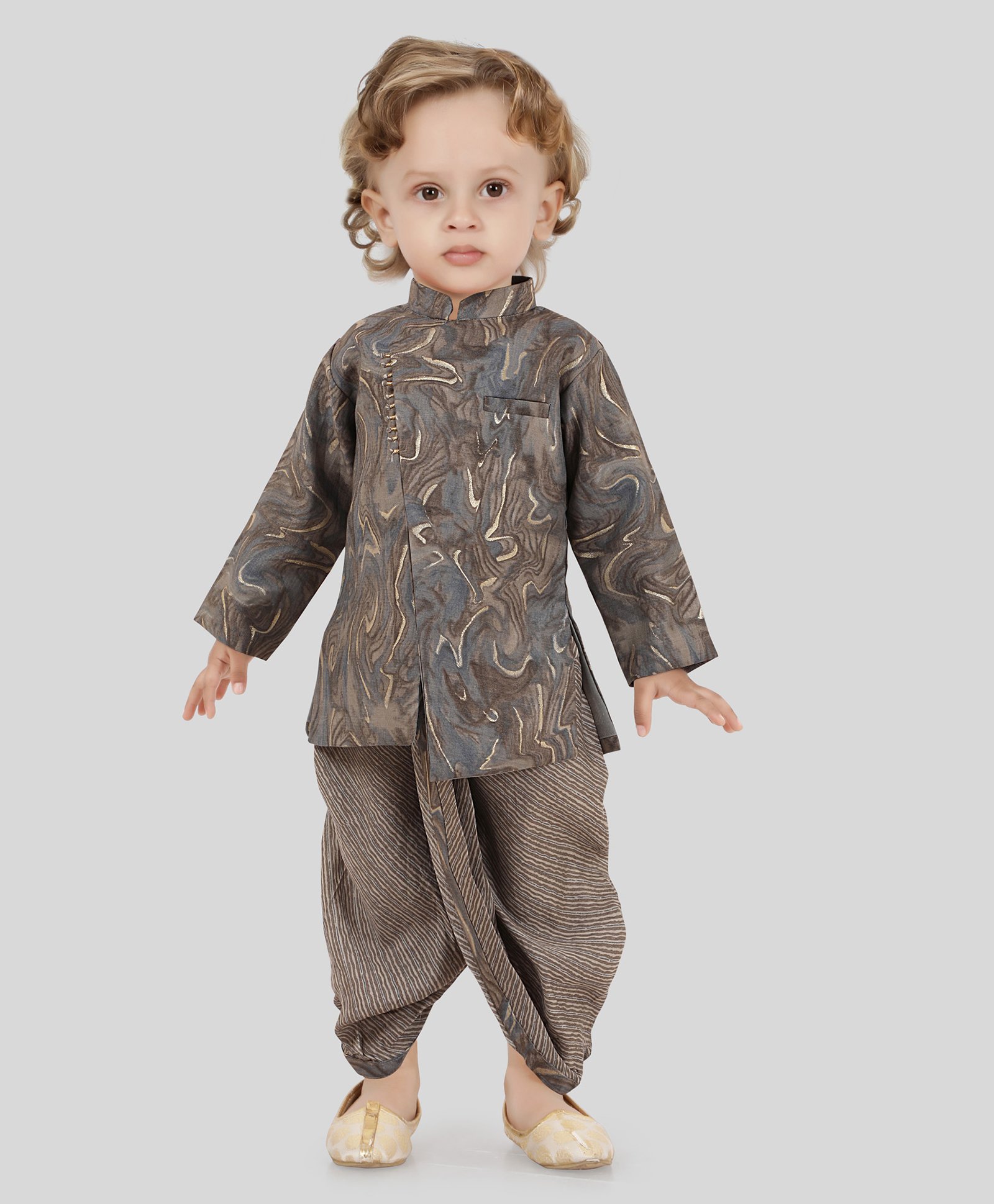 ETHNIKS NEURON Pure Cotton Full Sleeves Abstract Printed Dhoti Kurta Set - Dark Grey-picture-24