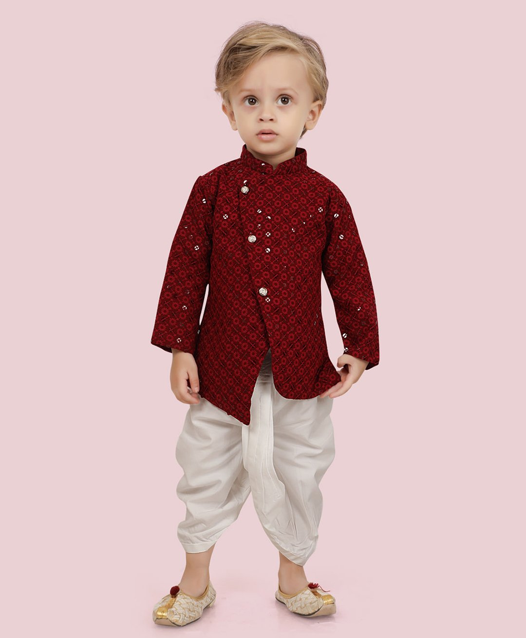 ETHNIKS NEURON Pure Cotton Full Sleeves Floral Embroidered & Sequins Emnbellished Dhoti Kurta Set - Maroon-image-11