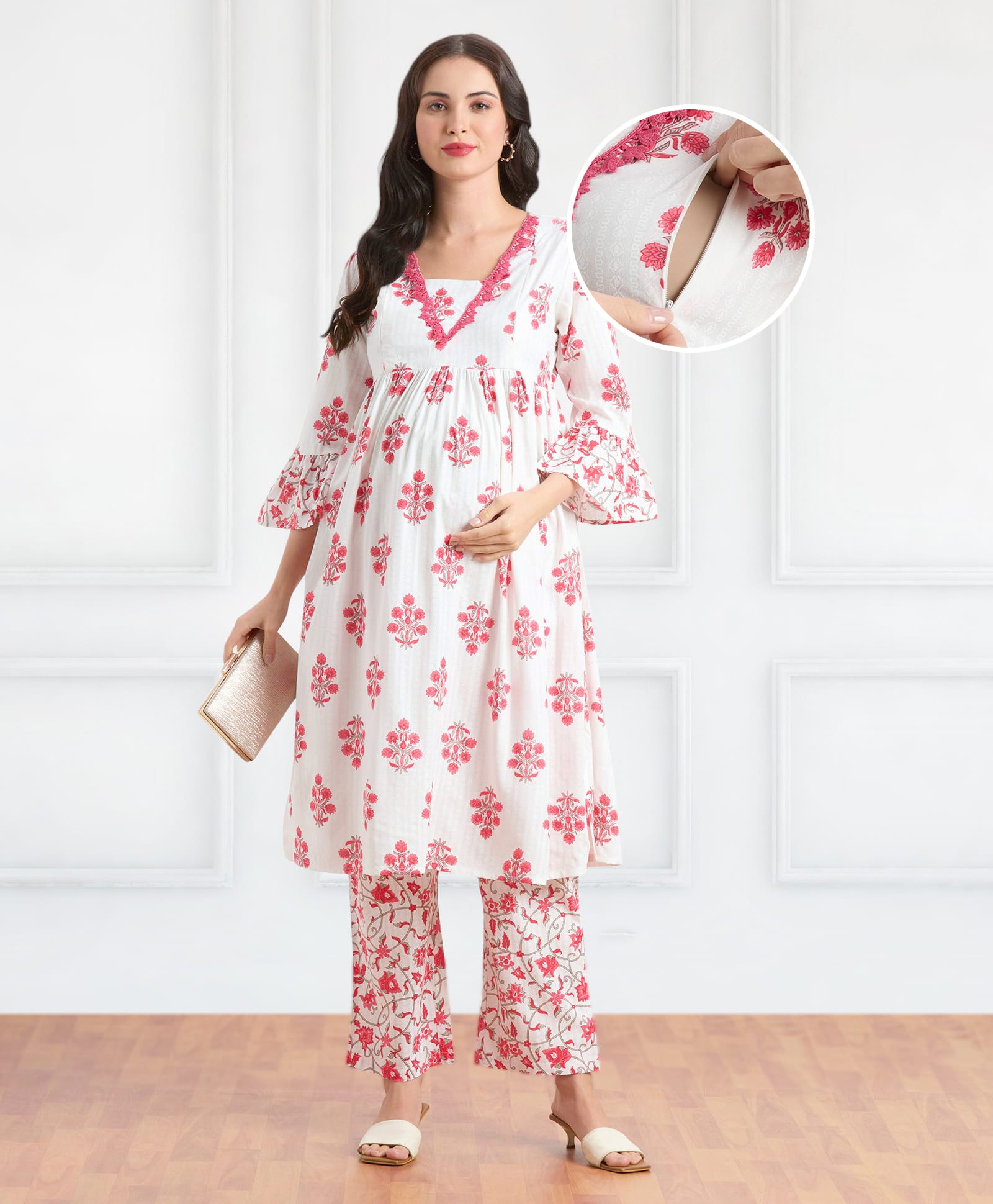 Bella Mama Woven Three Fourth Sleeves Embroidered Yoke & Floral Printed Maternity Suit Set - Pink
