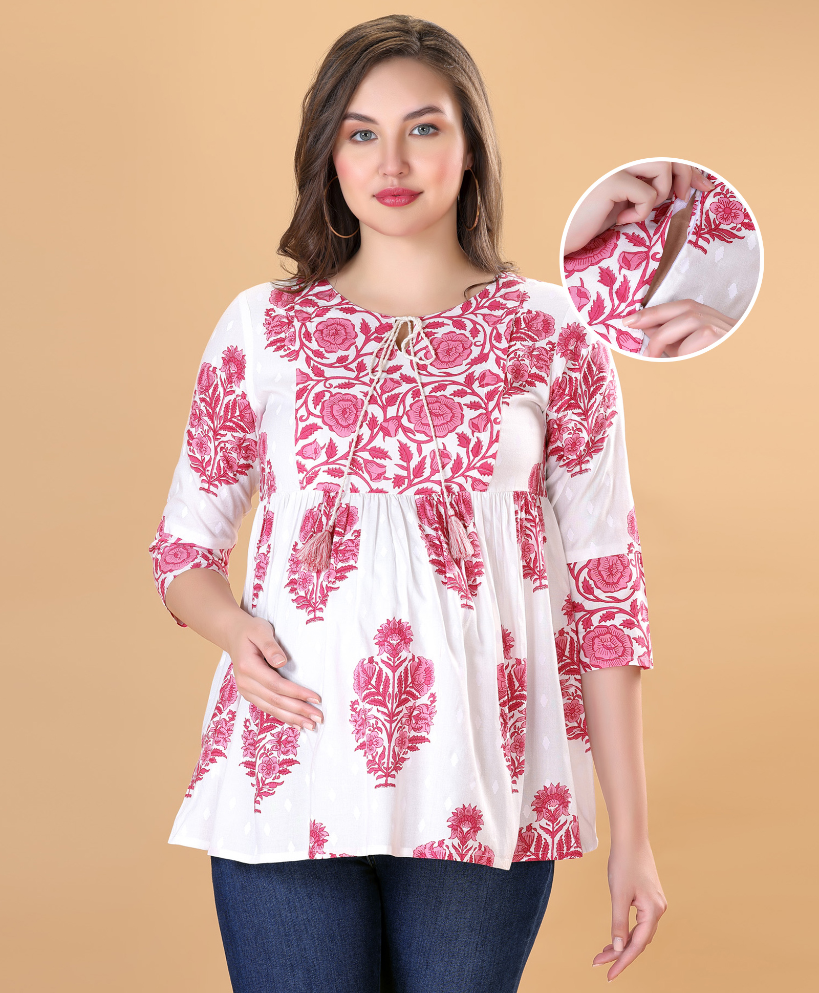 Bella Mama Woven Three Fourth Sleeves Maternity Top With Floral Print - White