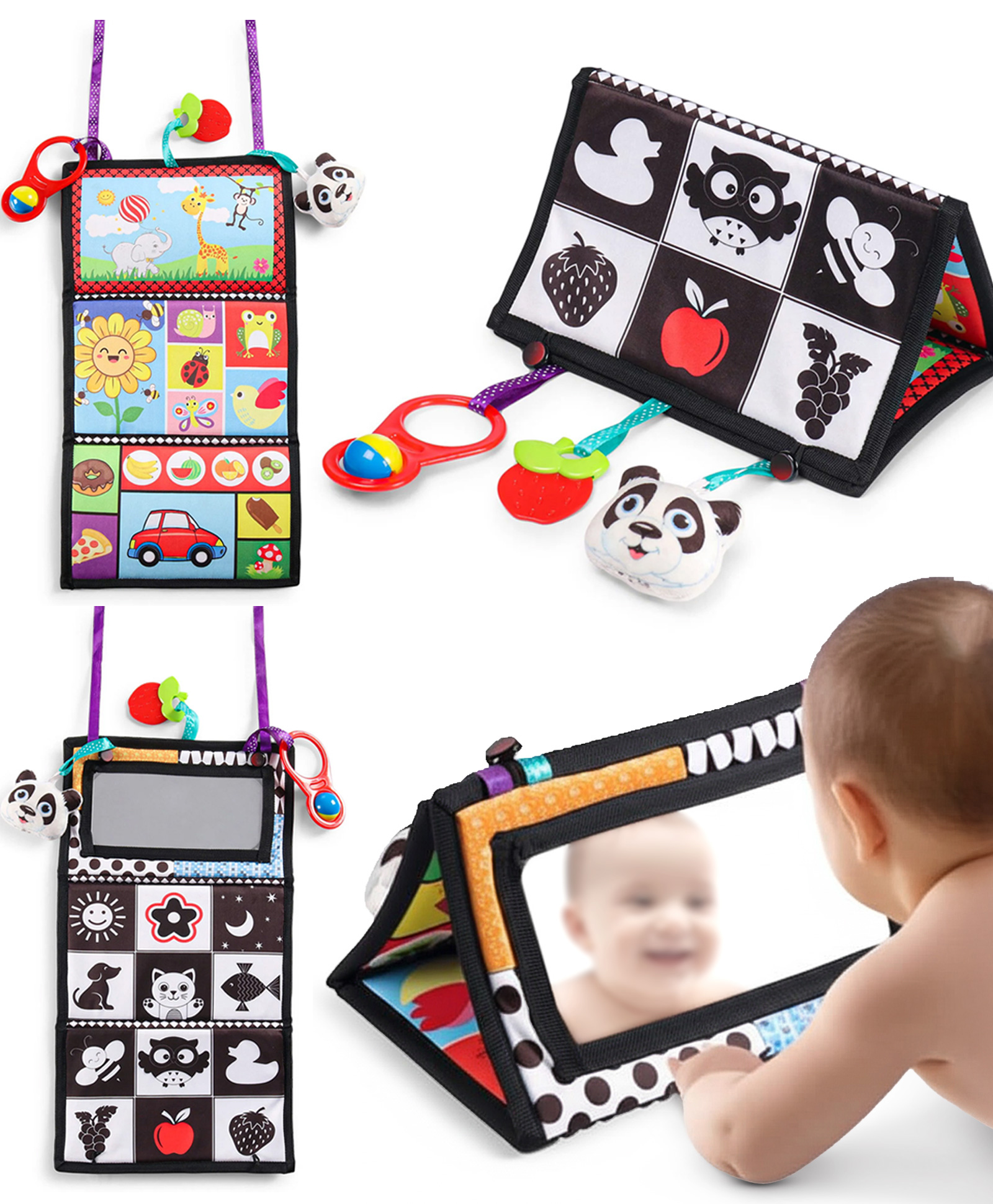 Babyhug Tummy Time Baby Toy for 4-15 months| Vibrant Color with 1 Mirror 2 Rattles and 2 Teethers| Sensory Play |Visual Stimulation| Cognitive Development and Motor Skills- White & Black